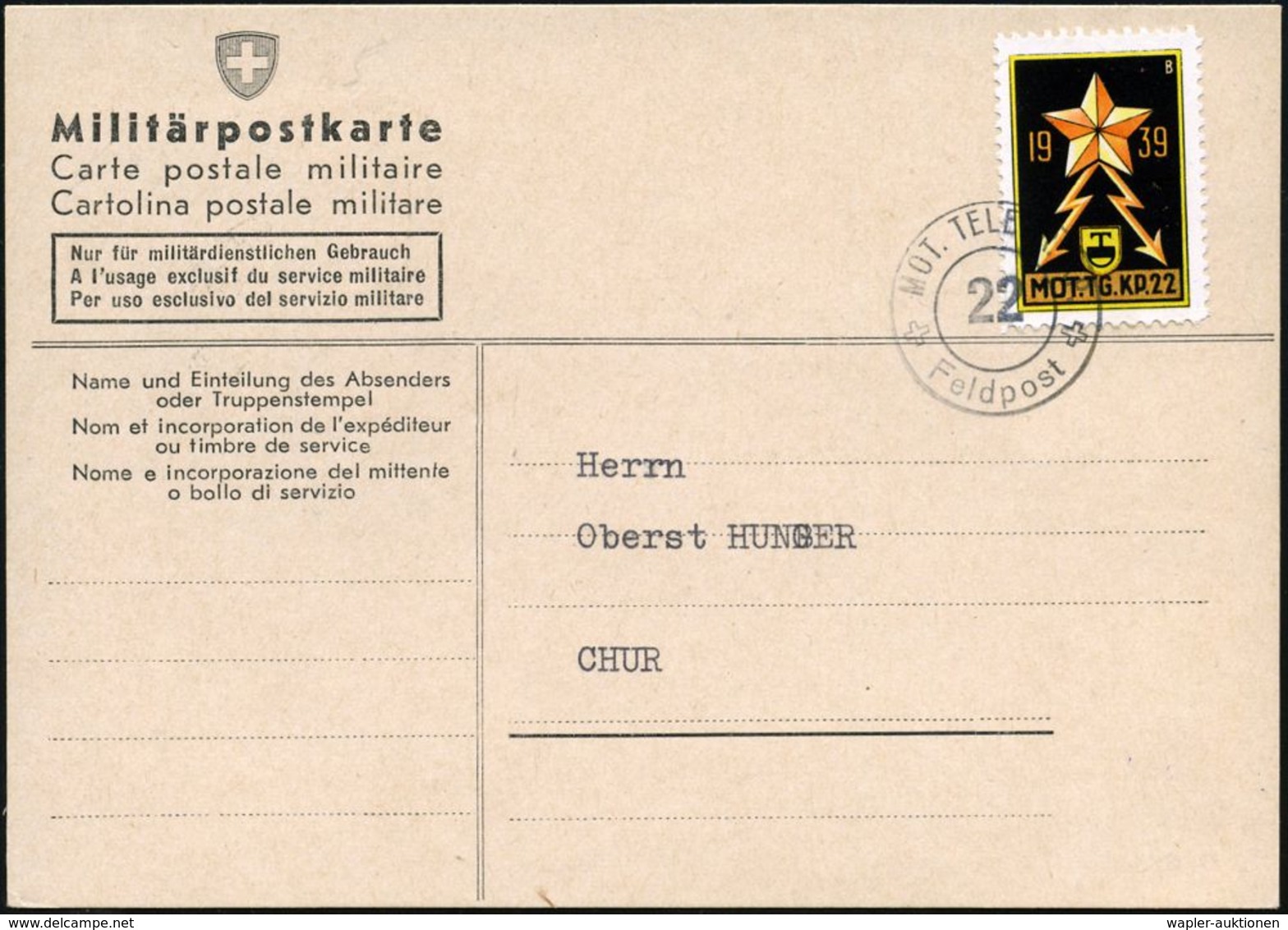 MILITÄRISCHES FUNKWESEN : SCHWEIZ 1939 Soldatenmke. "MOT.TG.KP.22" = Mot. Telegrafen-Kompanie 22 Gez. (Stern, 2 Blitze)  - Non Classés