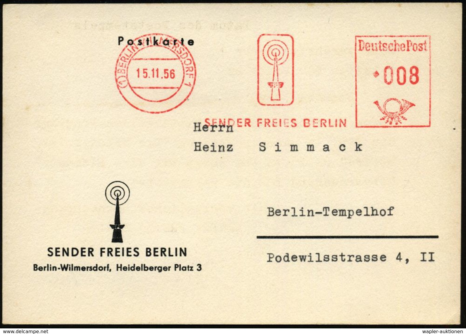 RADIO- & TV-SENDER / FUNKTÜRME : (1) BERLIN-WILMERSDORF 1/ SFB/ SENDER FREIES BERLIN 1956 (15.11.) AFS 008 Pf. = Senderl - Non Classés