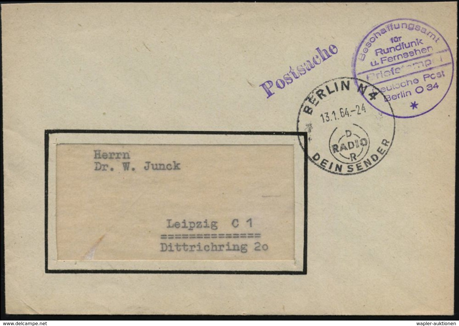 RADIO- & TV-SENDER / FUNKTÜRME : BERLIN N 4/ RADIO/ DDR/ DEIN SENDER 1964 (13.1.) HWSt + Viol. 1K-HdN: Beschaffungsamt/f - Unclassified