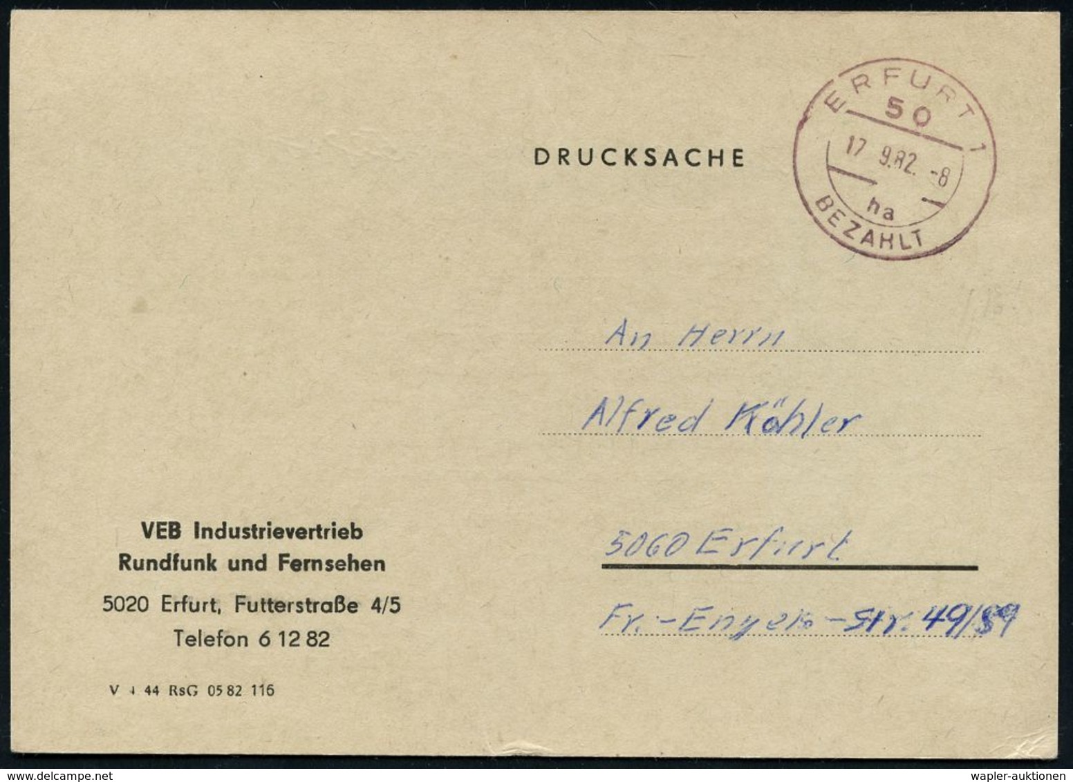 RADIO- & TV-SENDER / FUNKTÜRME : 50 ERFURT 1/ Ha/ BEZAHLT 1981/82 1K-Segment In Rot Bzw. Viol. Auf Firmen-Kt.: VEB INDUS - Non Classés