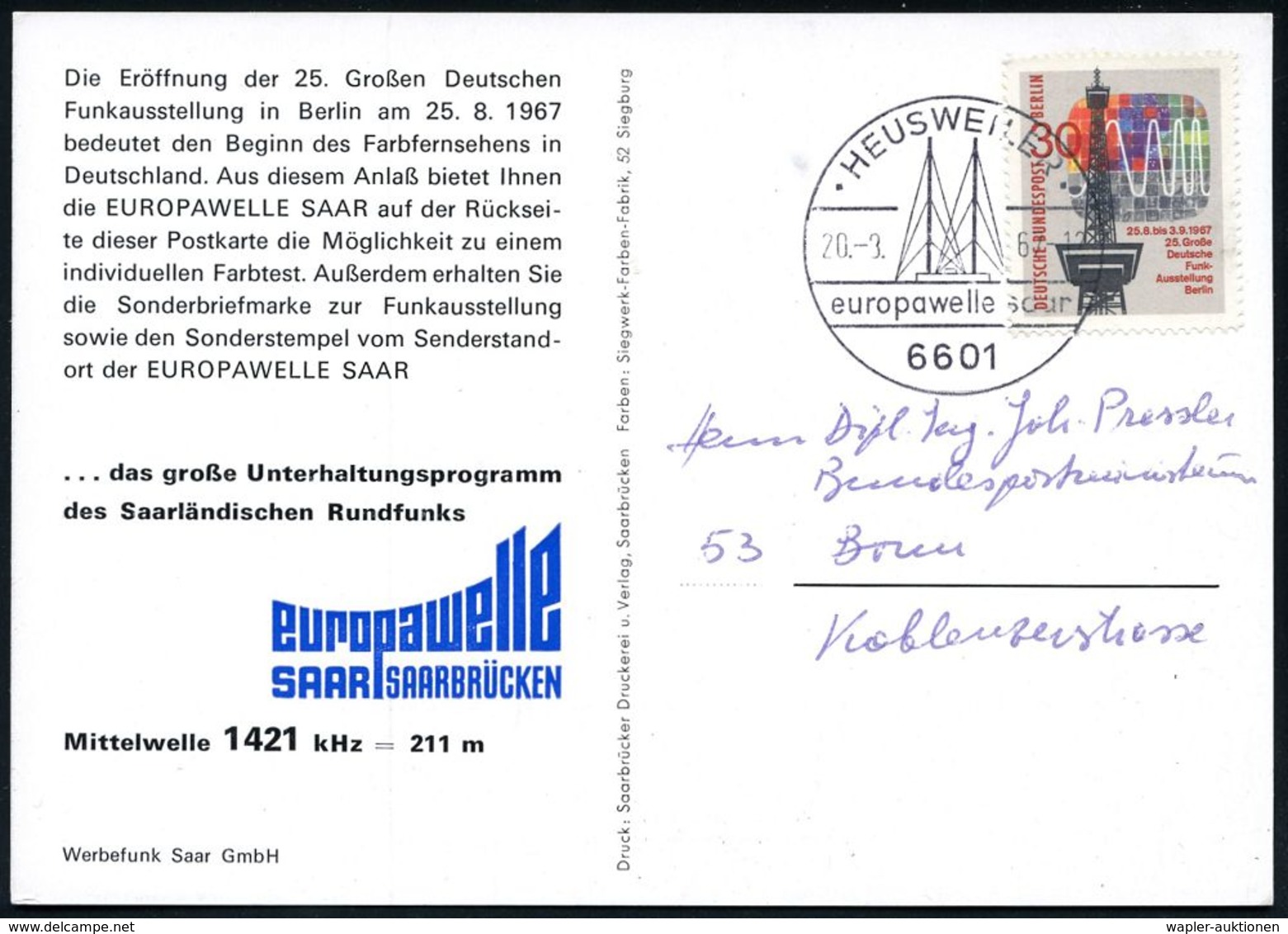 RADIO- & TV-SENDER / FUNKTÜRME : 6601 HEUSWEILER/ Europawelle Saar 1967 (20.9.) HWSt = 2 Sendemasten Auf EF 30 Pf. Funk- - Unclassified