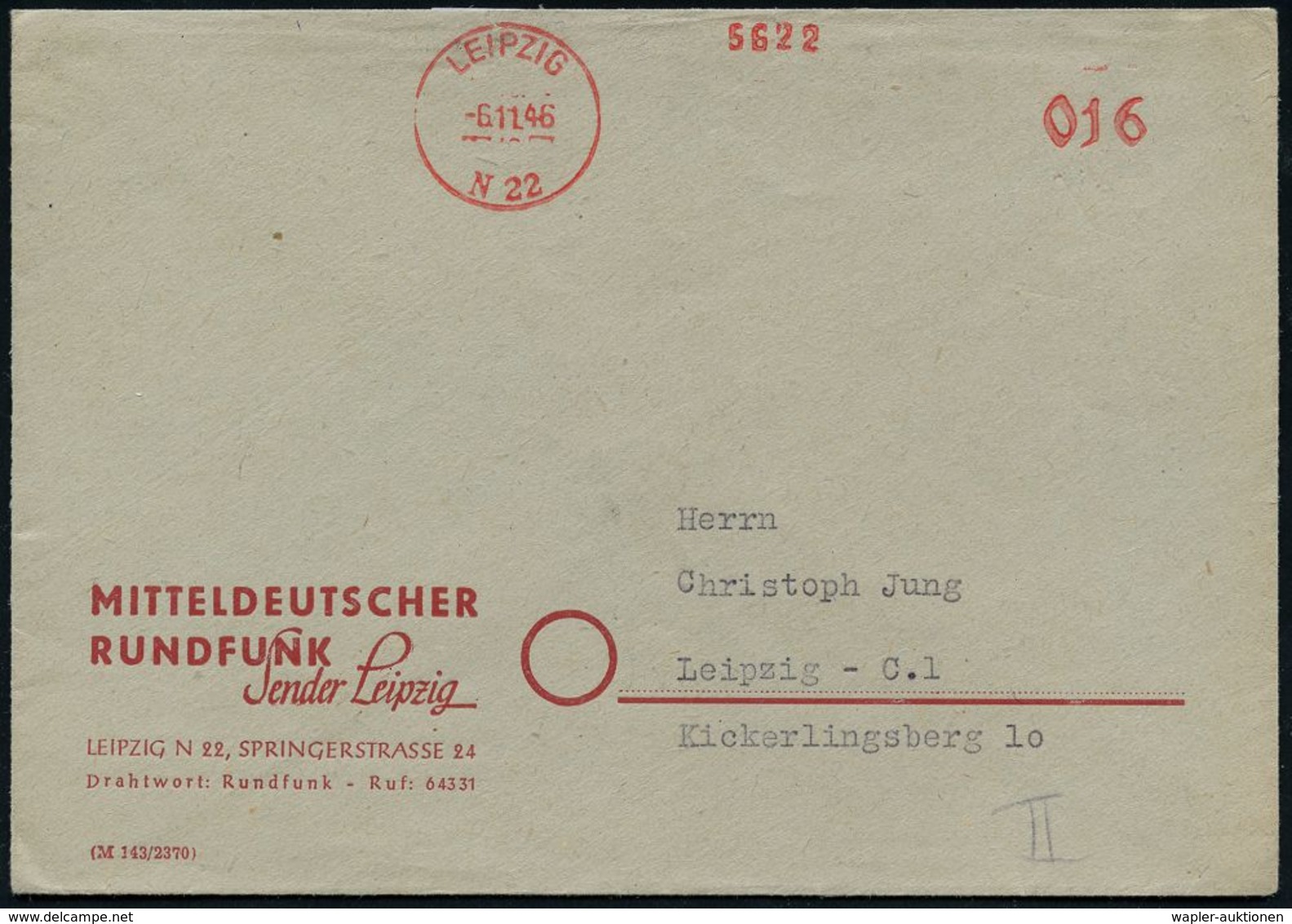 RADIO- & TV-SENDER / FUNKTÜRME : LEIPZIG/ N 22 1946 (6.11.) Total Aptierter AFS 016 Pf. = NS-Wertrahmen  U N D  Absender - Unclassified