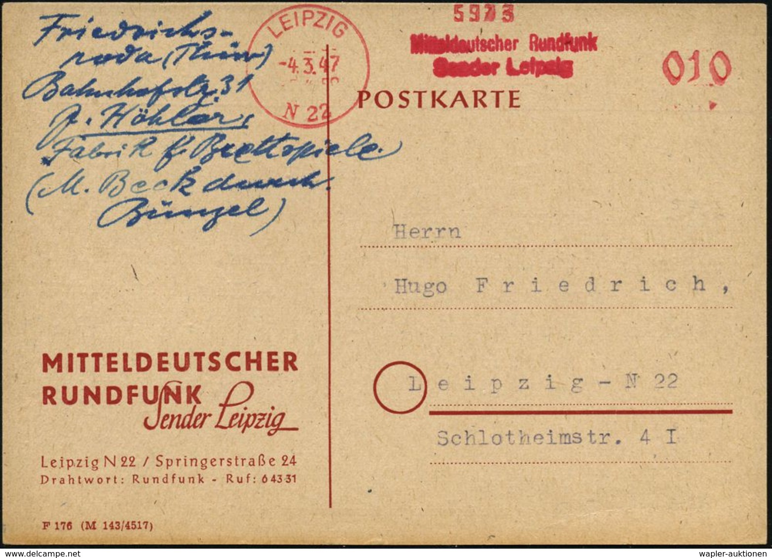 RADIO- & TV-SENDER / FUNKTÜRME : LEIPZIG/ N22/ Mitteldt.Rundfunk/ Sender Leipzig 1947 (4.3.) Total Aptierter AFS = NS-We - Non Classés