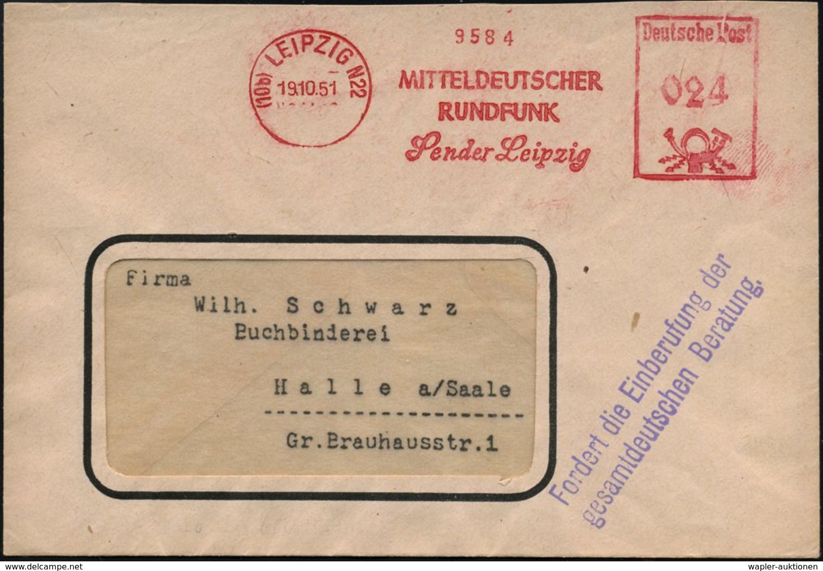 RADIO- & TV-SENDER / FUNKTÜRME : (10b) LEIPZIG N 22/ MITTELDEUTSCHER/ RUNDFUNK/ Sender Leipzig 1951 (19.10.) AFS  N A C  - Non Classés