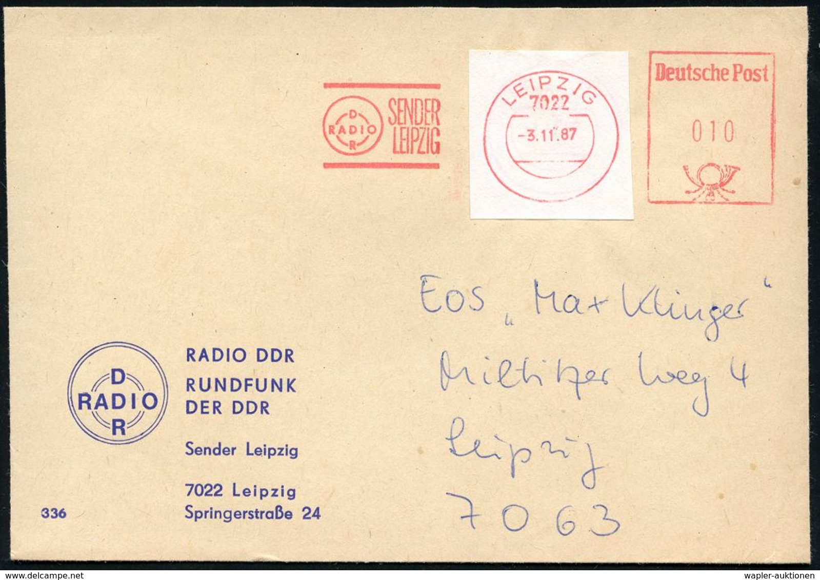 RADIO- & TV-SENDER / FUNKTÜRME : 7022 LEIPZIG/ RADIO/ DDR/ SENDER/ LEIPZIG 1987 (3.11.) AFS Postalia Mit überklebtem Ort - Non Classés