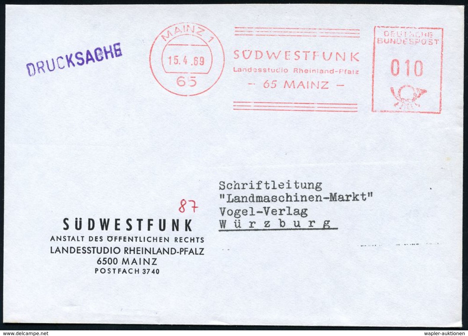 RADIO- & TV-SENDER / FUNKTÜRME : 65 MAINZ 1/ SÜDWESTFUNK/ Landesstudio Rheinl.-Pfalz 1969 AFS Auf Vordr.Bf.: SÜDWESTFUNK - Non Classés