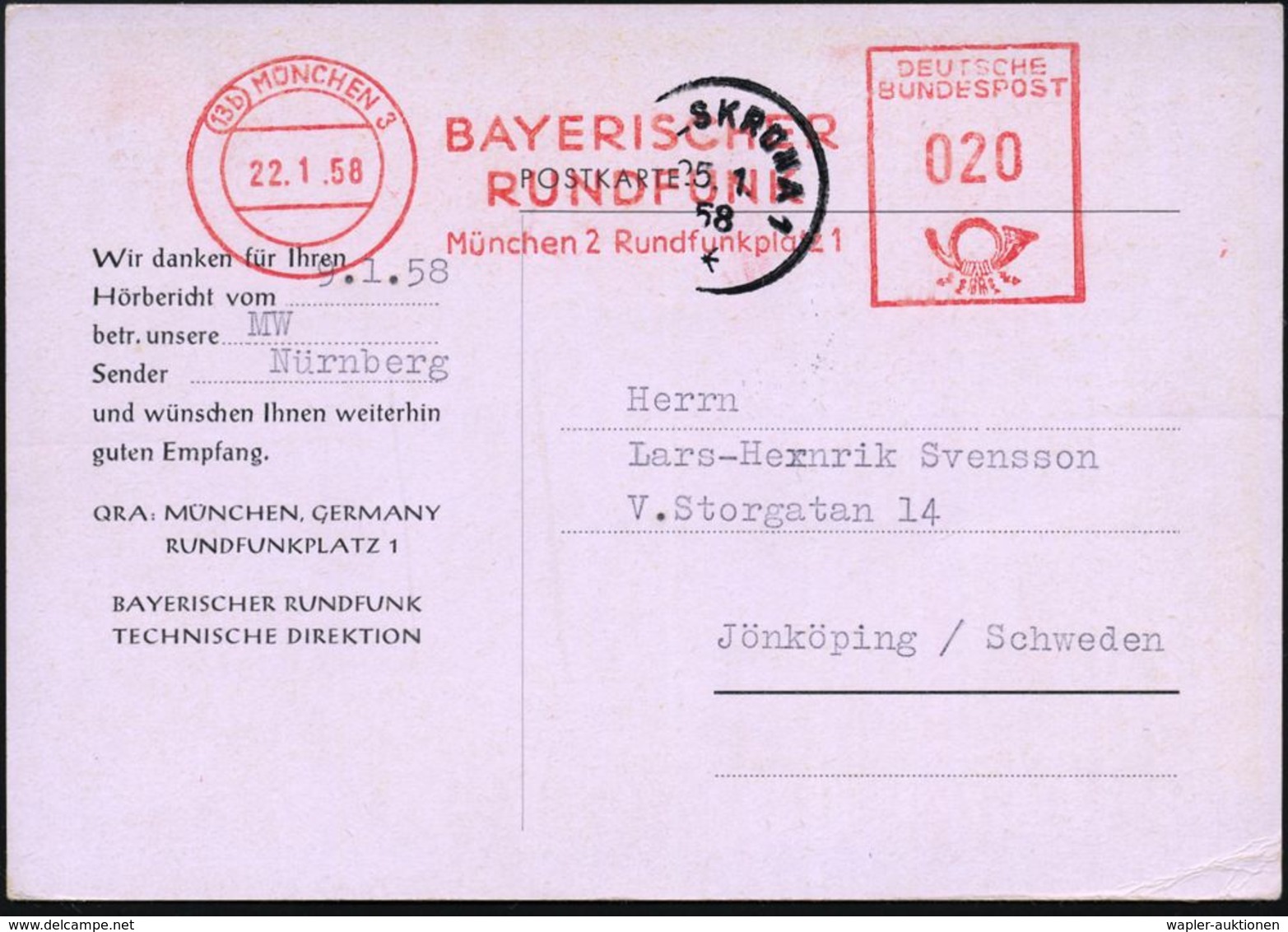 RADIO- & TV-SENDER / FUNKTÜRME : (13b) MÜNCHEN 3/ BAYERISCHER/ RUNDFUNK.. 1958 (22.1.) AFS Auf Color-Reklame-Kt. Mit Fre - Non Classés