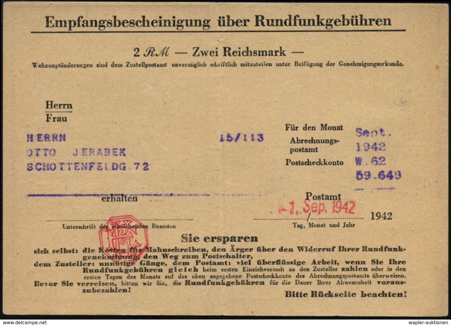 RADIO- & TV-SENDER / FUNKTÜRME : Wien 1942 (Sept.) Formular "Empfangsbescheinigung über Rundfunkgebühren" (gefaltet) Rot - Non Classés