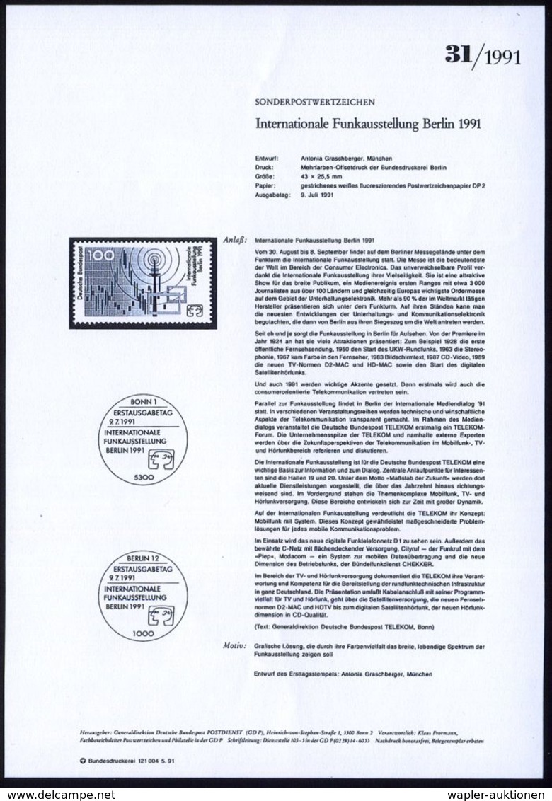 FUNK-, RADIO- & TV-AUSSTELLUNGEN : B.R.D. 1991 (Juli) 100 Pf. "Internat. Funkausstellung Berlin" Mit Amtl. Handstempel   - Non Classés