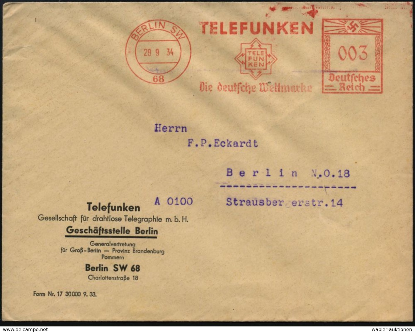 RADIO & RADIO-INDUSTRIE / APPARATE : BERLIN SW/ 68/ TELEFUNKEN/ Die Deutsche Weltmarke 1934 (28.9.) AFS = Telefunken-Log - Non Classés