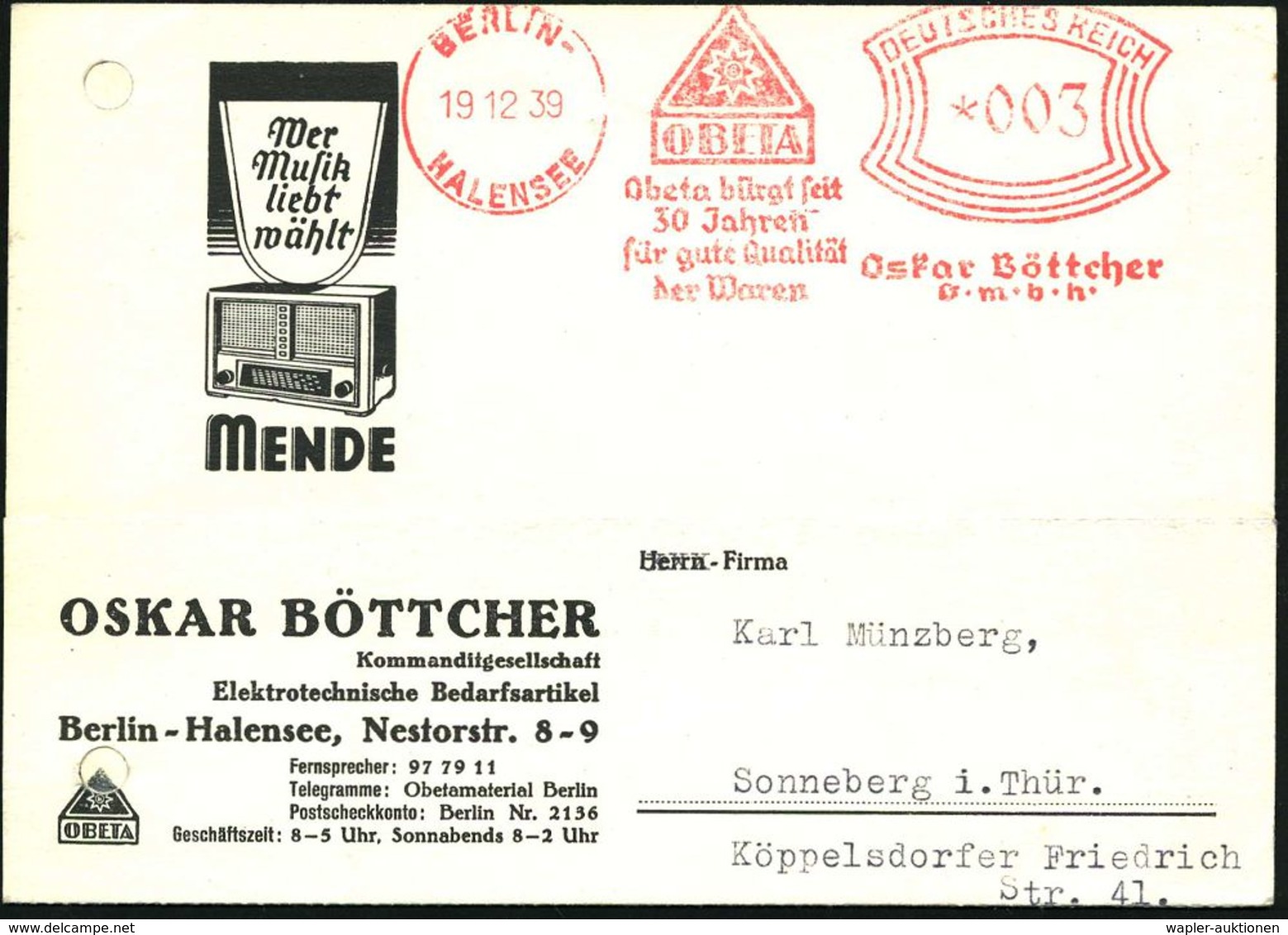 RADIO & RADIO-INDUSTRIE / APPARATE : BERLIN-/ HALENSEE/ OBETA/ Obeta Bürgt Seit/ 30 Jahren/ Für Gute Qualität/ D.Waren/  - Unclassified