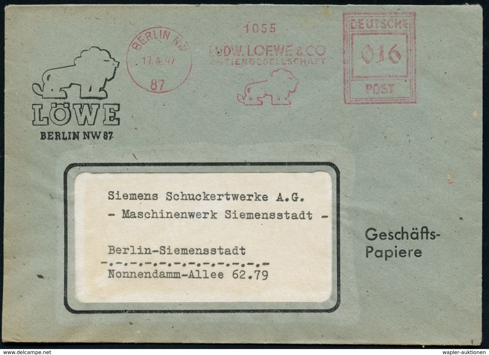 RADIO & RADIO-INDUSTRIE / APPARATE : BERLIN NW/ 87/ LUDW.LOEWE & CO/ AG 1947 (17.4.) Seltener AFS-Typ "Hochrechteck" = F - Unclassified