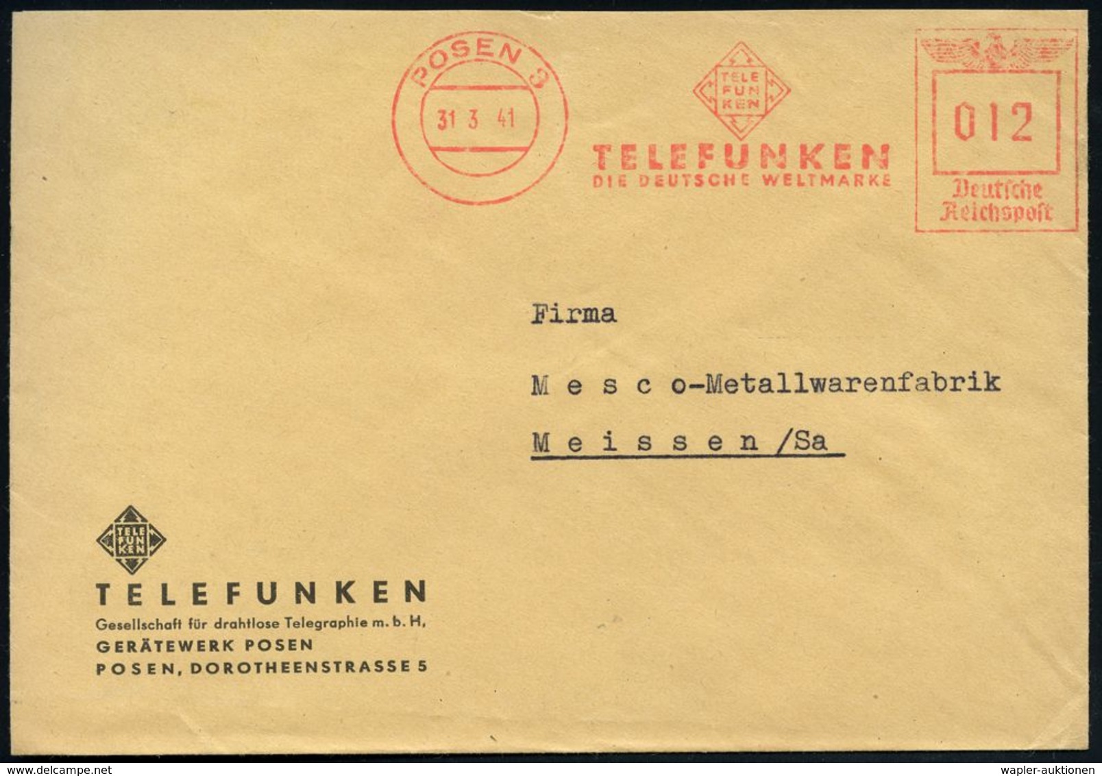 RADIO & RADIO-INDUSTRIE / APPARATE : POSEN 3/ TELEFUNKEN/ DIE DEUTSCHE WELTMARKE 1941 (31.3.) Seltener AFS = Firmen-Logo - Non Classificati