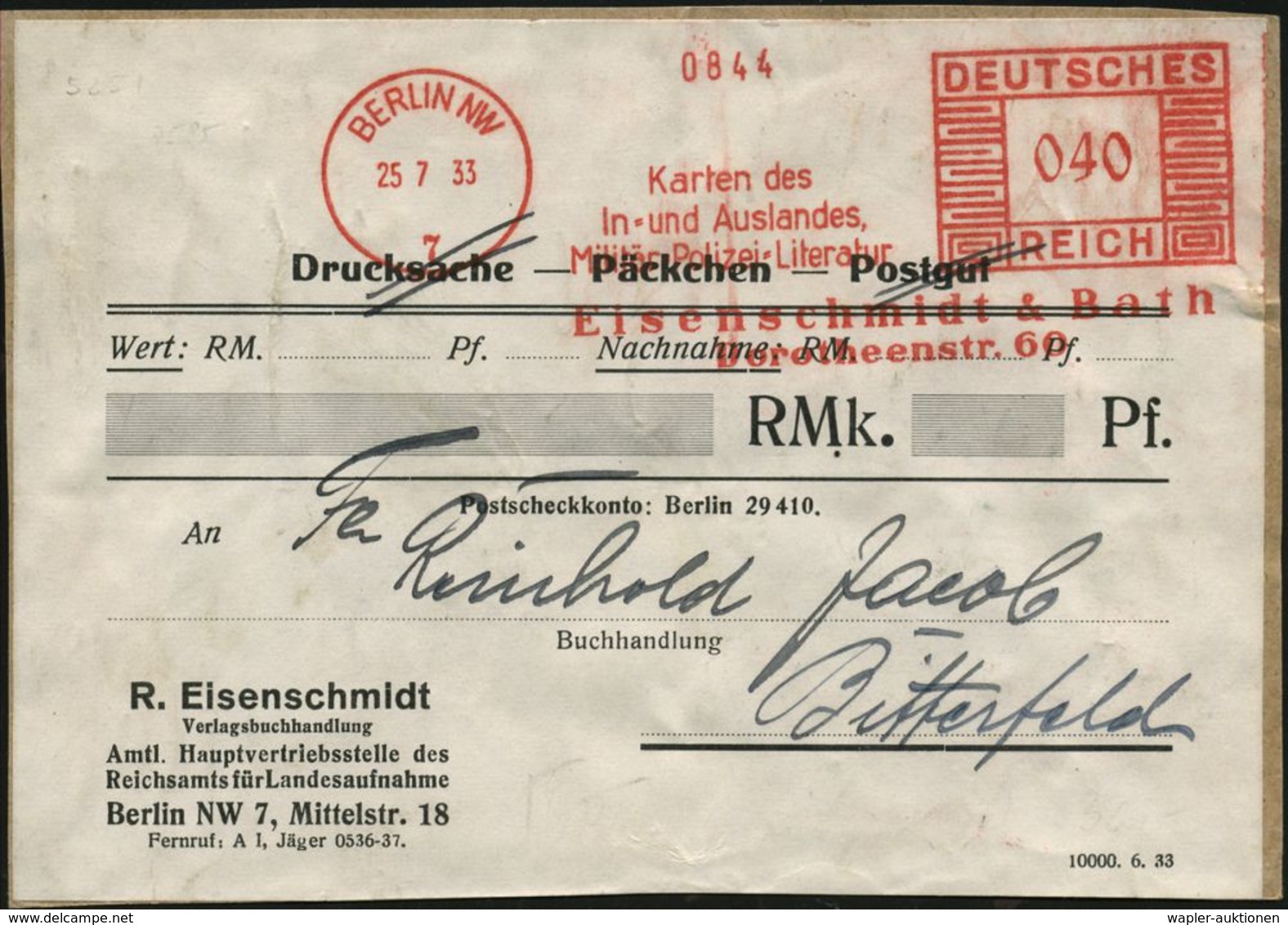 GEOGRAFIE / LANDKARTEN : BERLIN NW/ 7/ Karten Des/ In-u.Auslandes/ Militär-Polizei-Literatur/ Eisenschmidt & Bath 1933 ( - Geografia