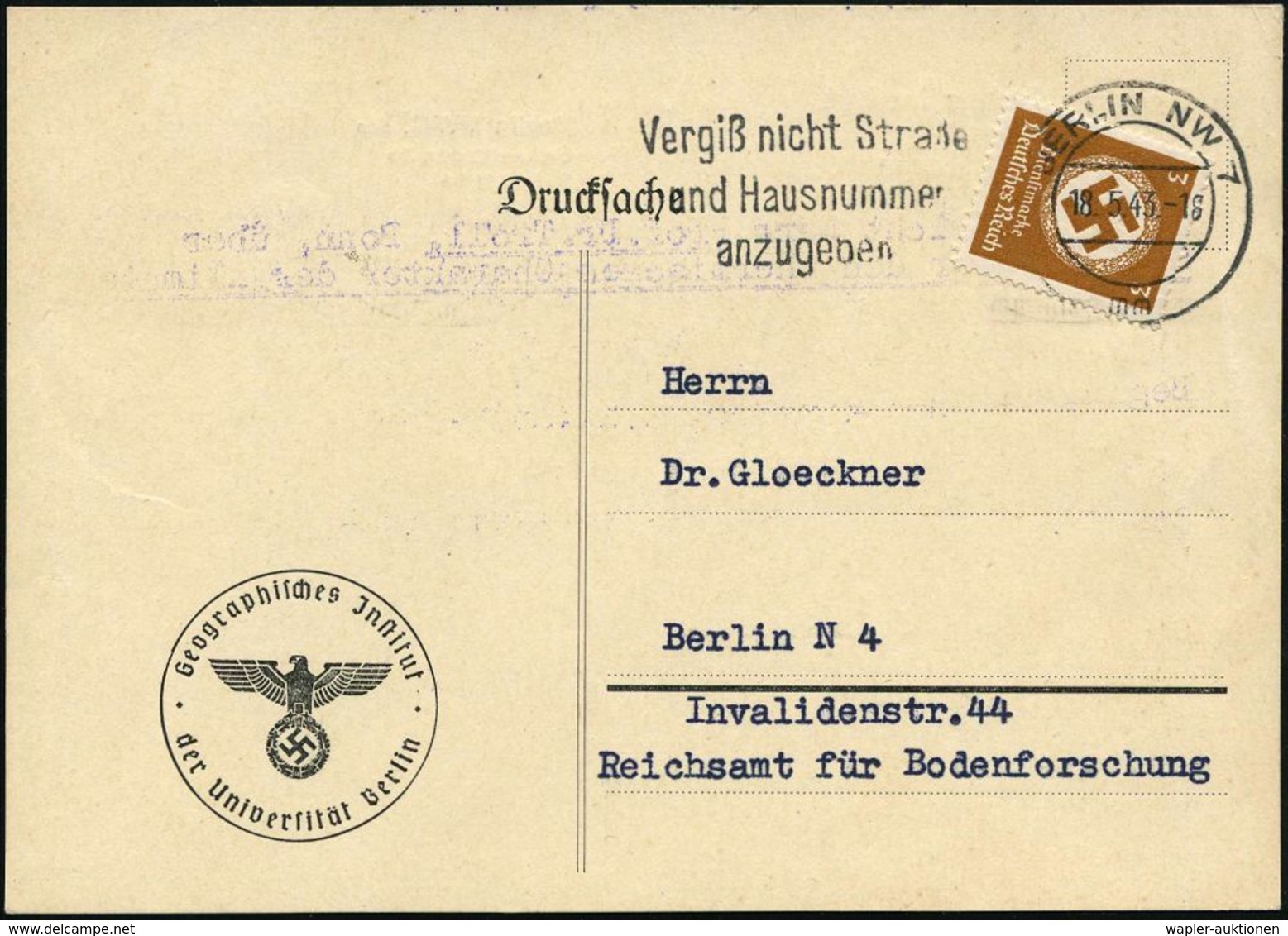 GEOGRAFIE / LANDKARTEN : Berlin NW 7 1943 (18.5.) Dienst-Kt.: Geographisches Jnstitut/der Universität Berlin (NS-Adler)  - Geographie