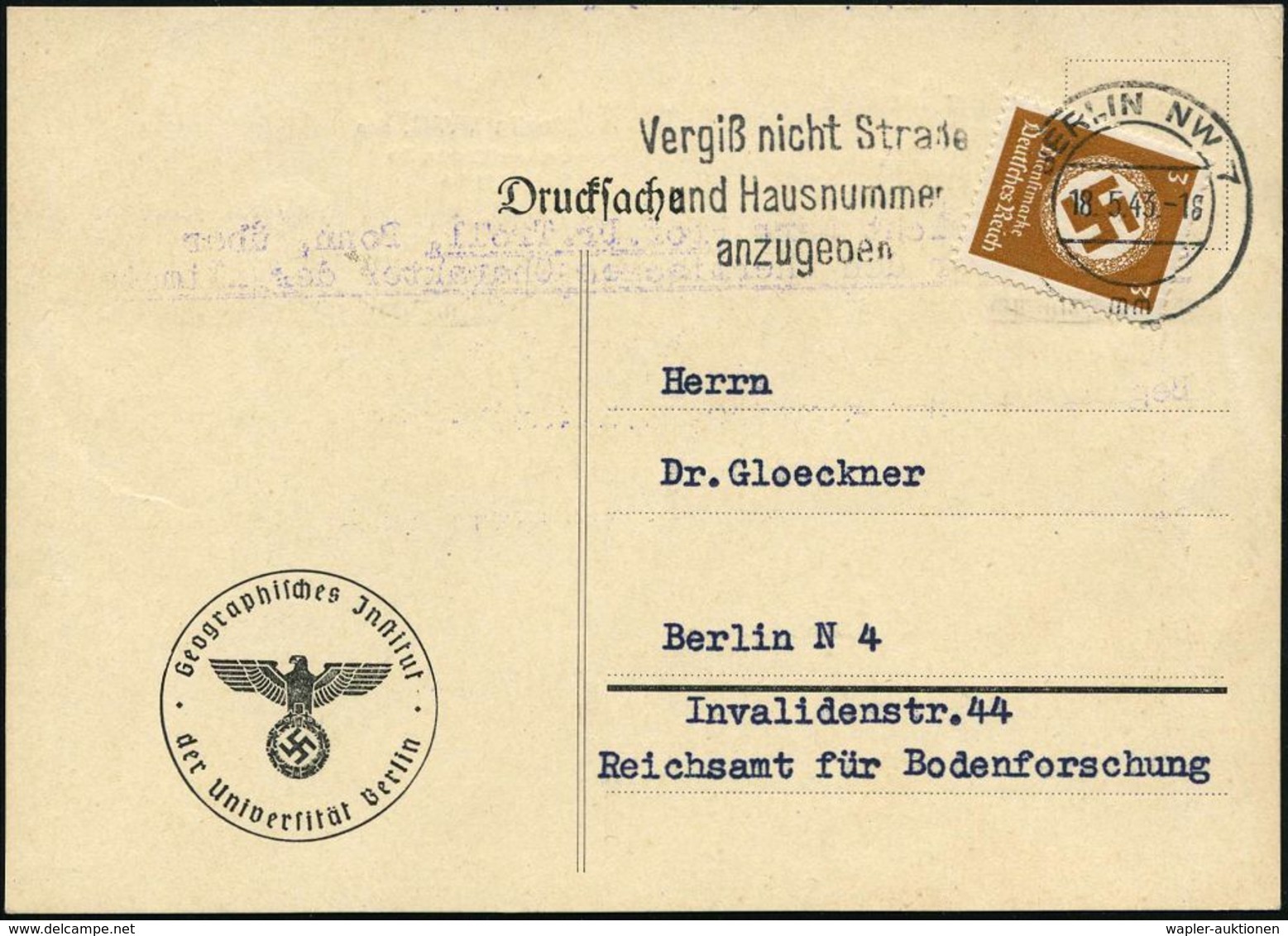 GEOGRAFIE / LANDKARTEN : Berlin NW 7 1943 (18.5.) Dienst-Kt.: Geographisches Jnstitut/der Universität Berlin (NS-Adler)  - Géographie