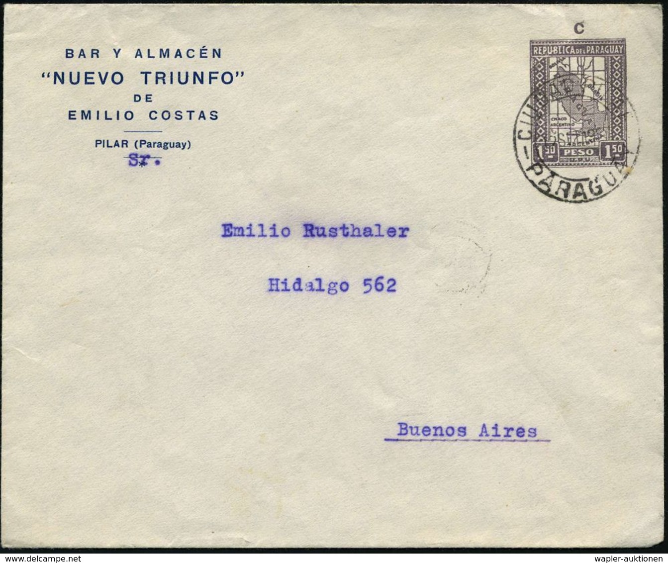 GEOGRAFIE / LANDKARTEN : PARAGUAY 1928 (12.9.) PU 1,50 Peso "Landkarte", Braun: BAR Y ALMACEN/"NUEVO TRIFUNO"..PILAR (rs - Geographie