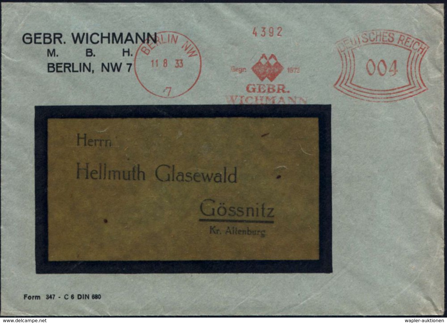 GEODÄSIE / VERMESSUNG / KATASTER : BERLIN NW/ 7/ Gegr.1873/ GEBR./ WICHMANN 1933 (11.8.) AFS = 2 Zirkel über 2 Vermessun - Géographie