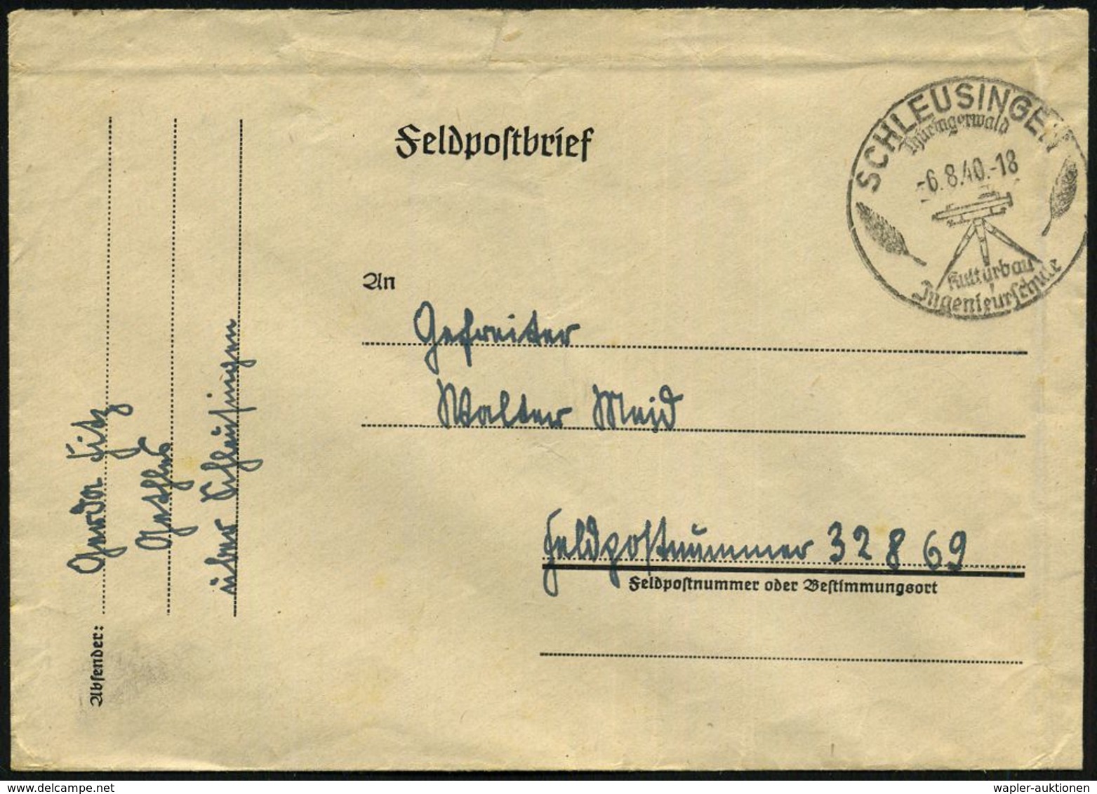 GEODÄSIE / VERMESSUNG / KATASTER : SCHLEUSINGEN/ Thüringerwald/ ..Jngenieurschule 1940 (6.8.) HWSt = Geodät (auf Stativ) - Géographie