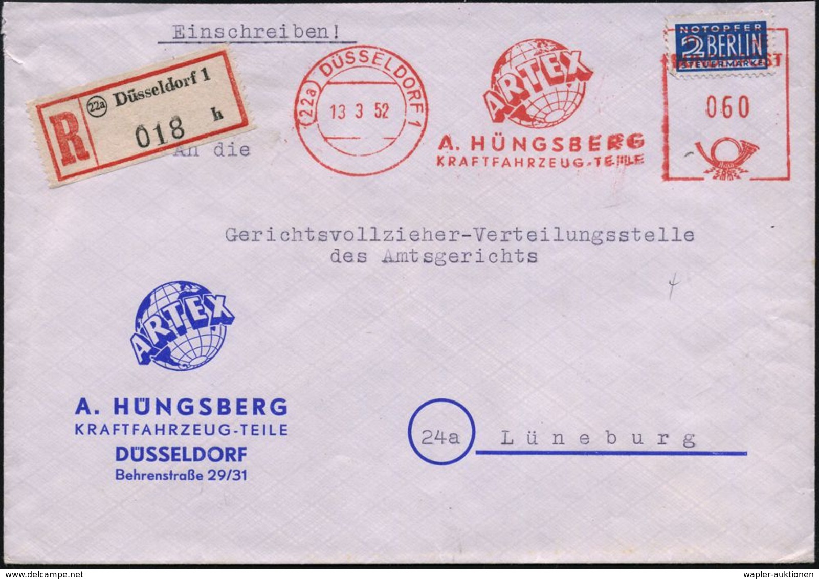 GLOBUS : (22a) DÜSSELDORF 1/ ARTEX/ A.HÜNGSBERG/ KRAFTFAHRZEUG-TEILE 1952 (13.3.) AFS 060 Pf. = Globus Auf 2 Pf. NoB (=  - Géographie