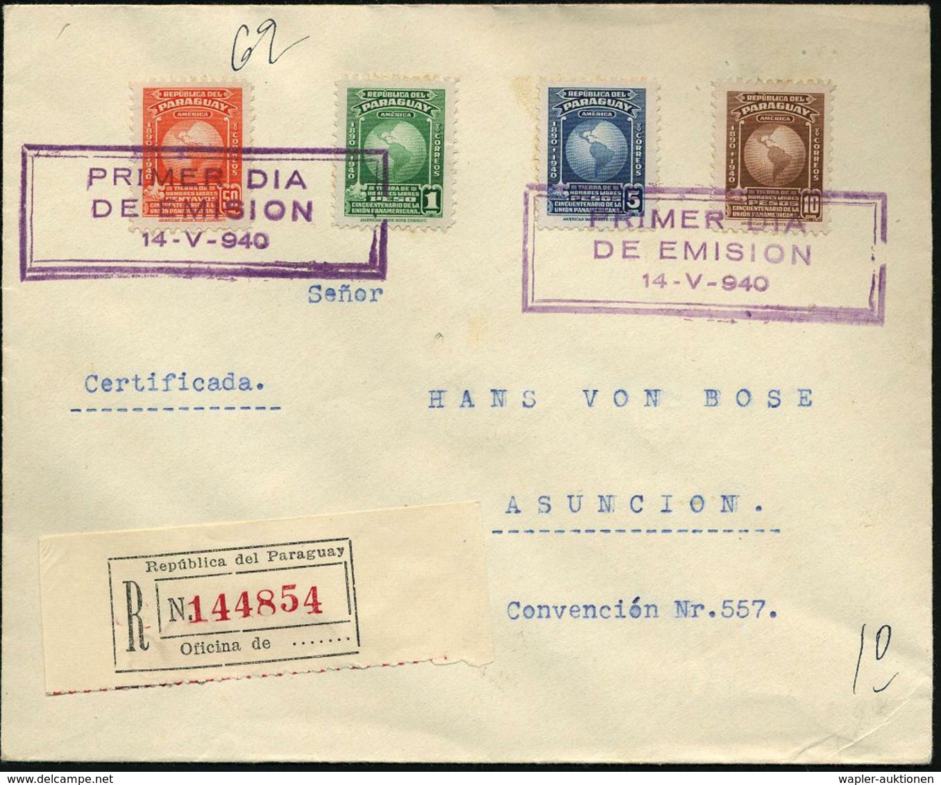 GLOBUS : PARAGUAY 1940 (14.5.) 50 Jahre Panamerikan. Union, Kompl.Satz = Je Globus + Viol. ET-SSt. + RZ (je Ohne Ort) =  - Geography