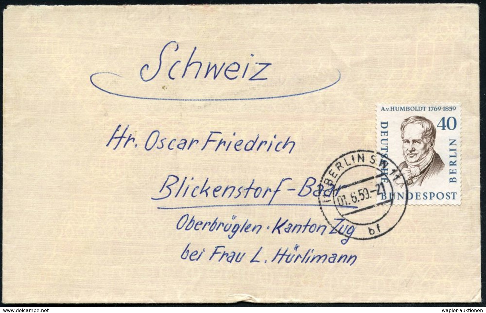 ENTDECKER / BERÜHMTE SEEFAHRER : BERLIN 1959 (6.6.) 40 Pf. Alexander V. Humboldt, EF , Ortsgl. Stempel (Berlin SW 11), P - Geographie
