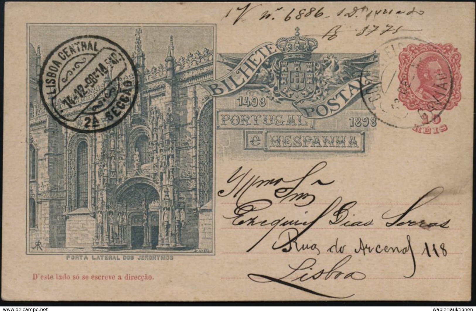 ENTDECKER / BERÜHMTE SEEFAHRER : PORTUGAL 1898 (13.12.) 10 Rs. Sonder-P.: 400 Jahrfeier Vasco Da Gama = Seeweg N.Indien  - Geography