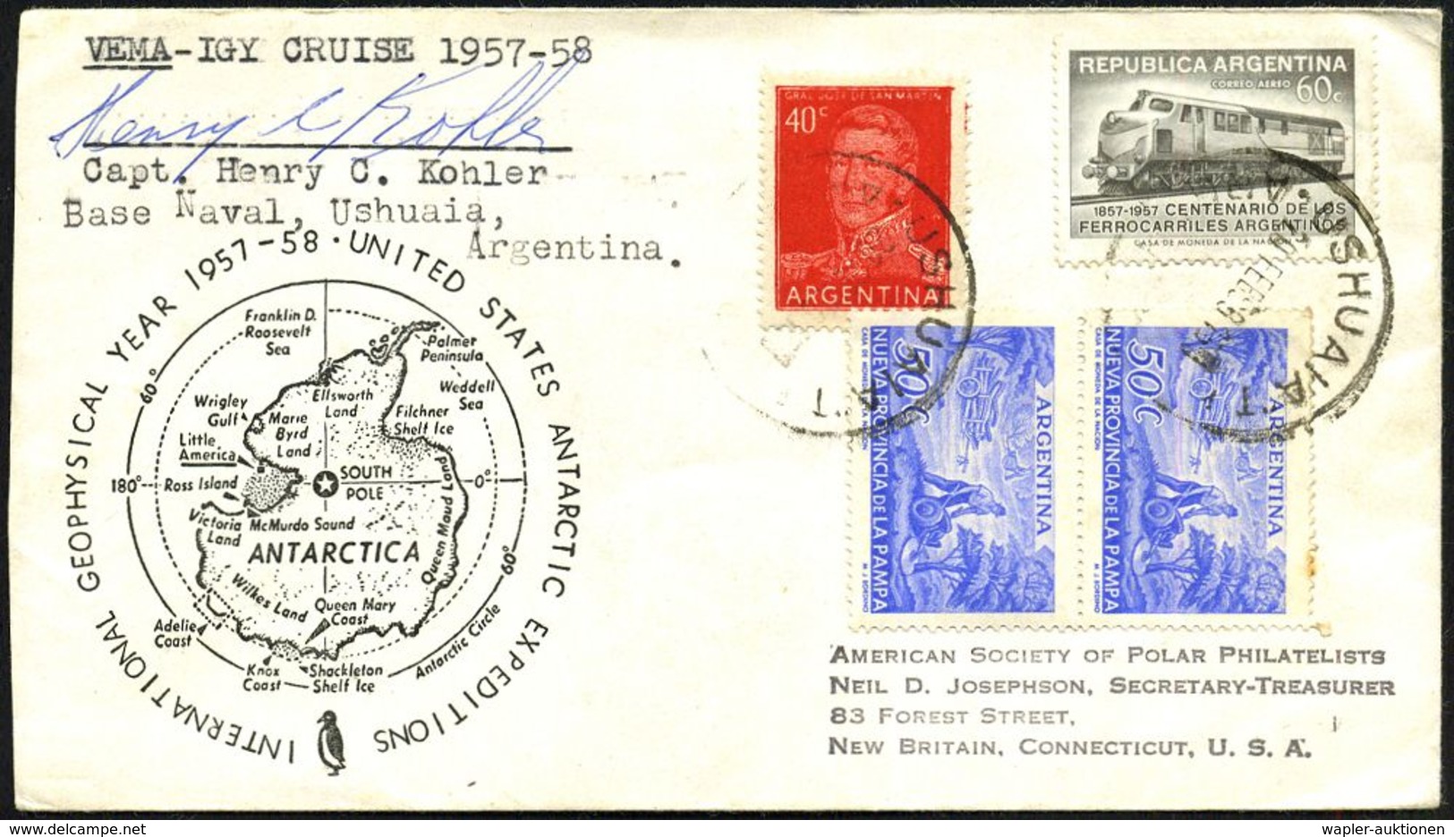 EXPEDITIONEN : ARGENTINIEN 1958 (20.2.) 1K: USHUAIA = Argentinische Marinebasis Für Die Antarktis + Orig. Signatur "Harr - Geografia