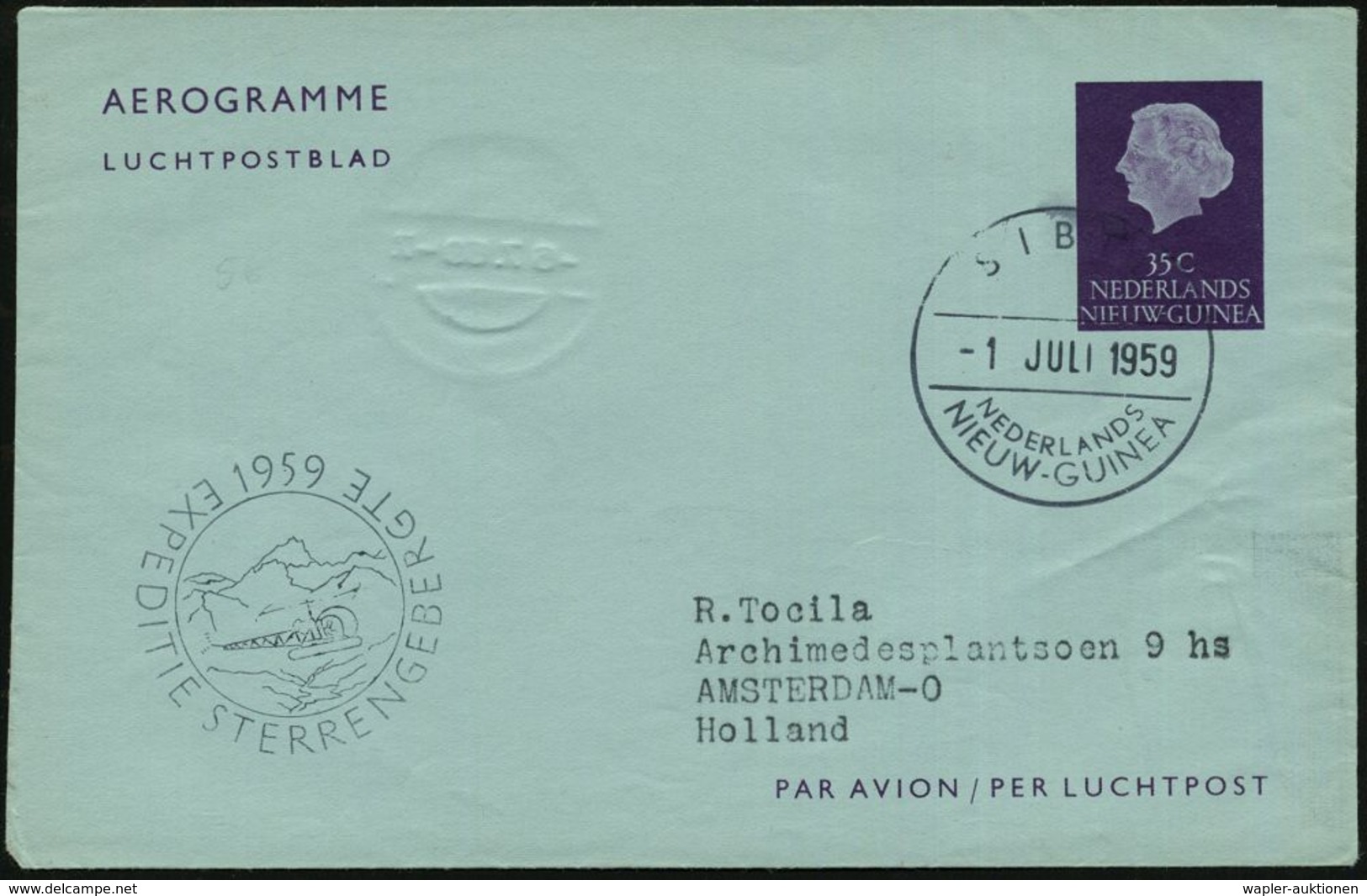 EXPEDITIONEN : NIEDERL.NEU-GUINEA 1959 (1.7.) 1K-Brücke: SIBIL Auf Aerogramm 35 C. Viol. + Helikopter-Expeditions-HdN: E - Geographie