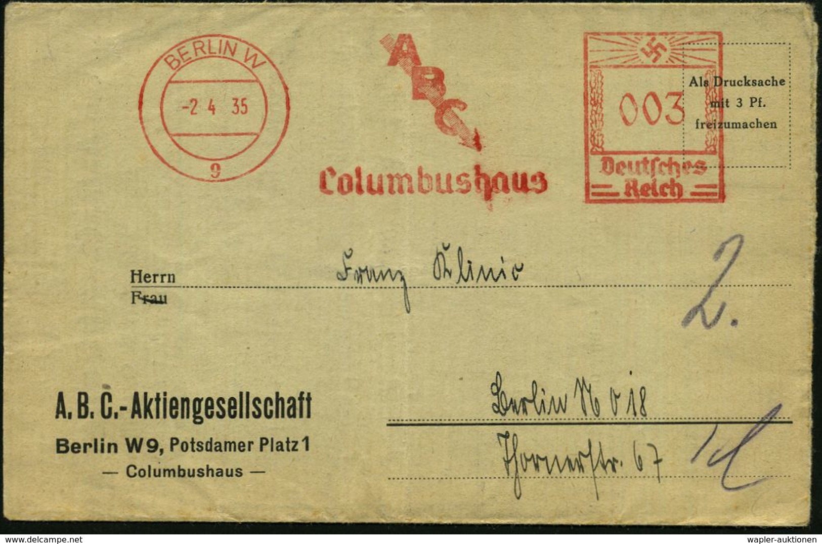 CHRISTOPH KOLUMBUS : BERLIN W/ 9/ ABC/ Columbushaus 1935 (2.4.) AFS ,Firmen-Falt-Bf.: A.B.C.-AG,  Potsdamer Platz 1, C O - Christoph Kolumbus