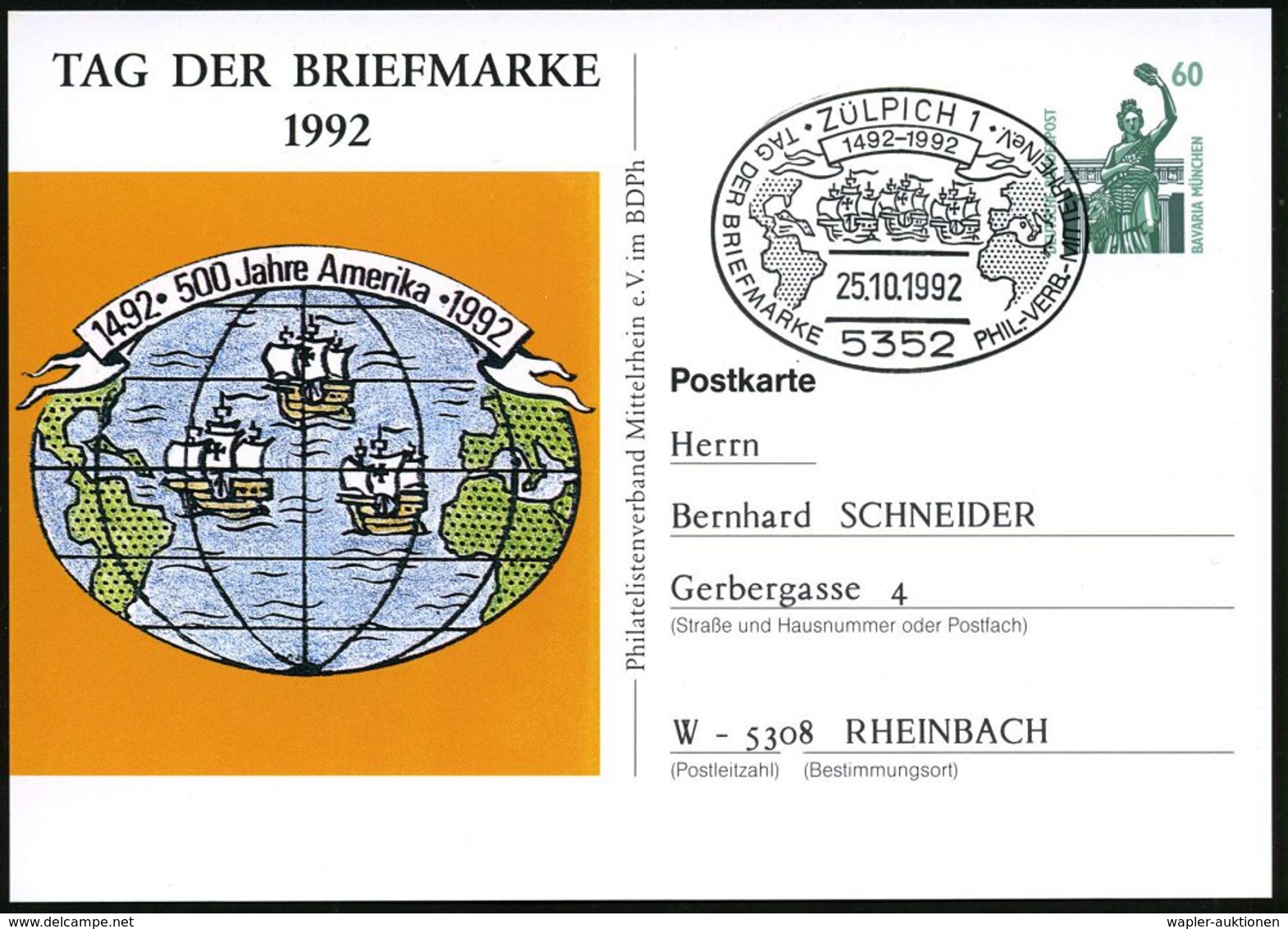 CHRISTOPH KOLUMBUS : 5352 ZÜLPICH 1/ 1492-1992/ TAG DER BRIEFMARKE.. 1992 (25.10.) SSt = 3 Columbus-Karavellen (zw. Kont - Christoph Kolumbus