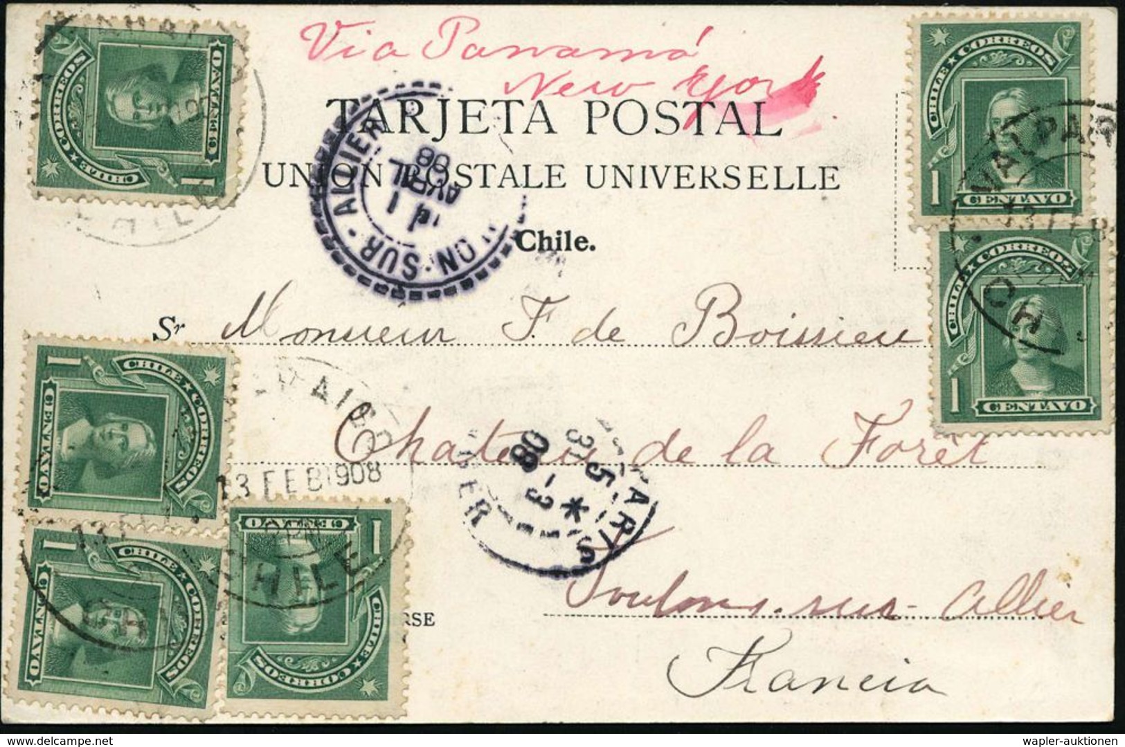 CHRISTOPH KOLUMBUS : CHILE 1908 (13.2.) 1 C. Columbus, Grün, Reine MeF: 6 Stück Sauber Gest (VALPARAISO), Dekorative Übe - Christophe Colomb