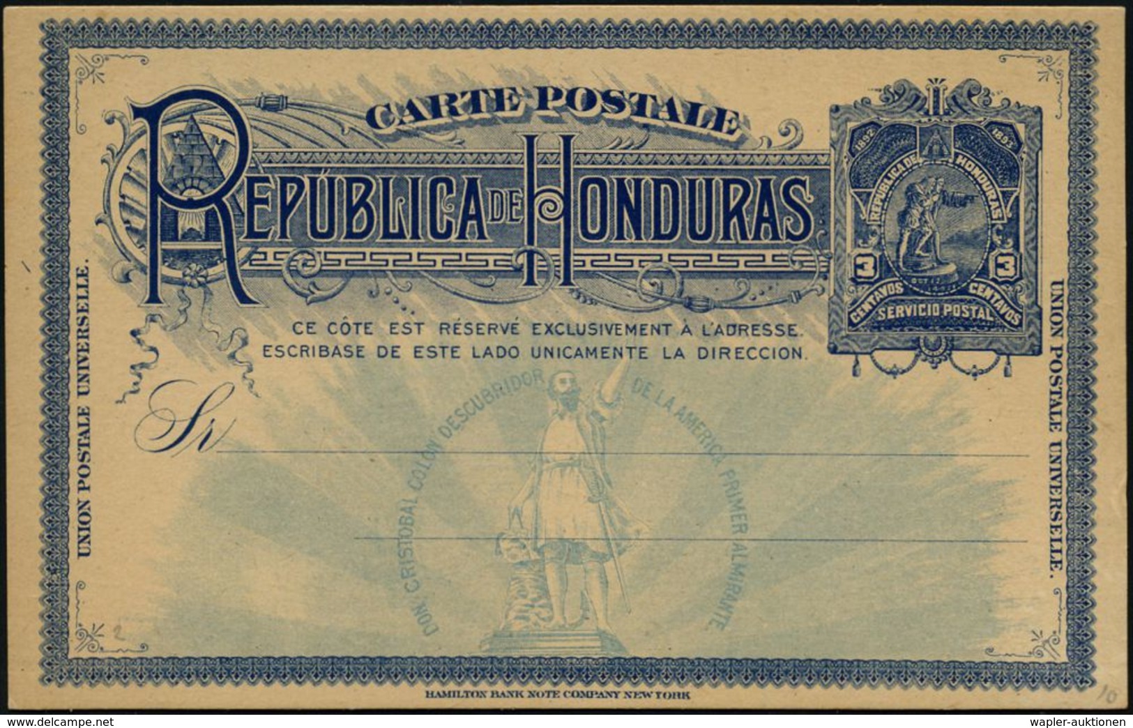 CHRISTOPH KOLUMBUS : HONDURAS 1892 3 C. Ausl.-Jubil.-P "400 Jahre Columbus-Landung" Blau: Columbus-Denkmal , Ungebr. (HG - Christoph Kolumbus