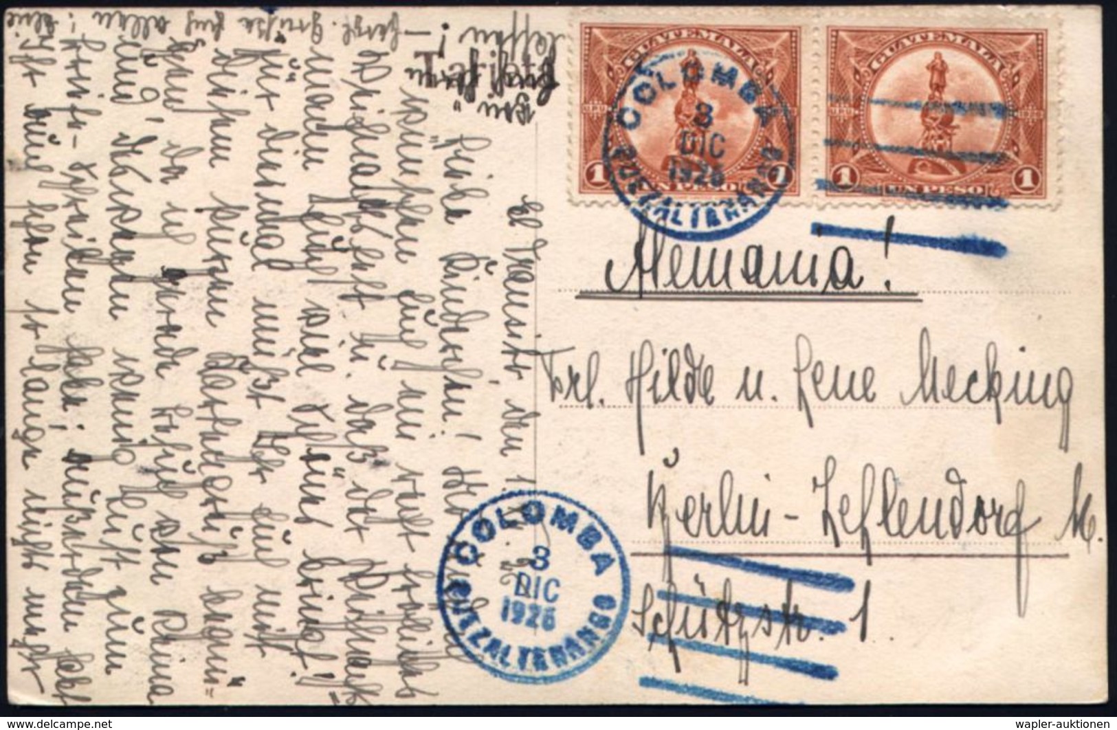 CHRISTOPH KOLUMBUS : GUATEMALA 1926 (3.12.) 1 C. "Columbus"-Denkmal, Reine MeF: Paar , Blauer 1K-Killer. C O L O M B A . - Christophe Colomb