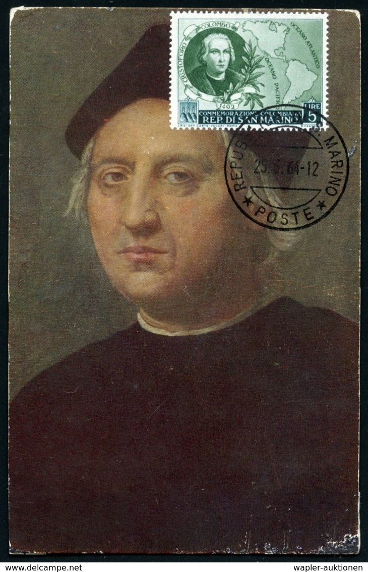 CHRISTOPH KOLUMBUS : SAN MARINO 1964 (25.6.) 5 L. "500. Geburtstag Columbus" (Brustbild, Landkarte) Auf Histor. Color-Ak - Christopher Columbus