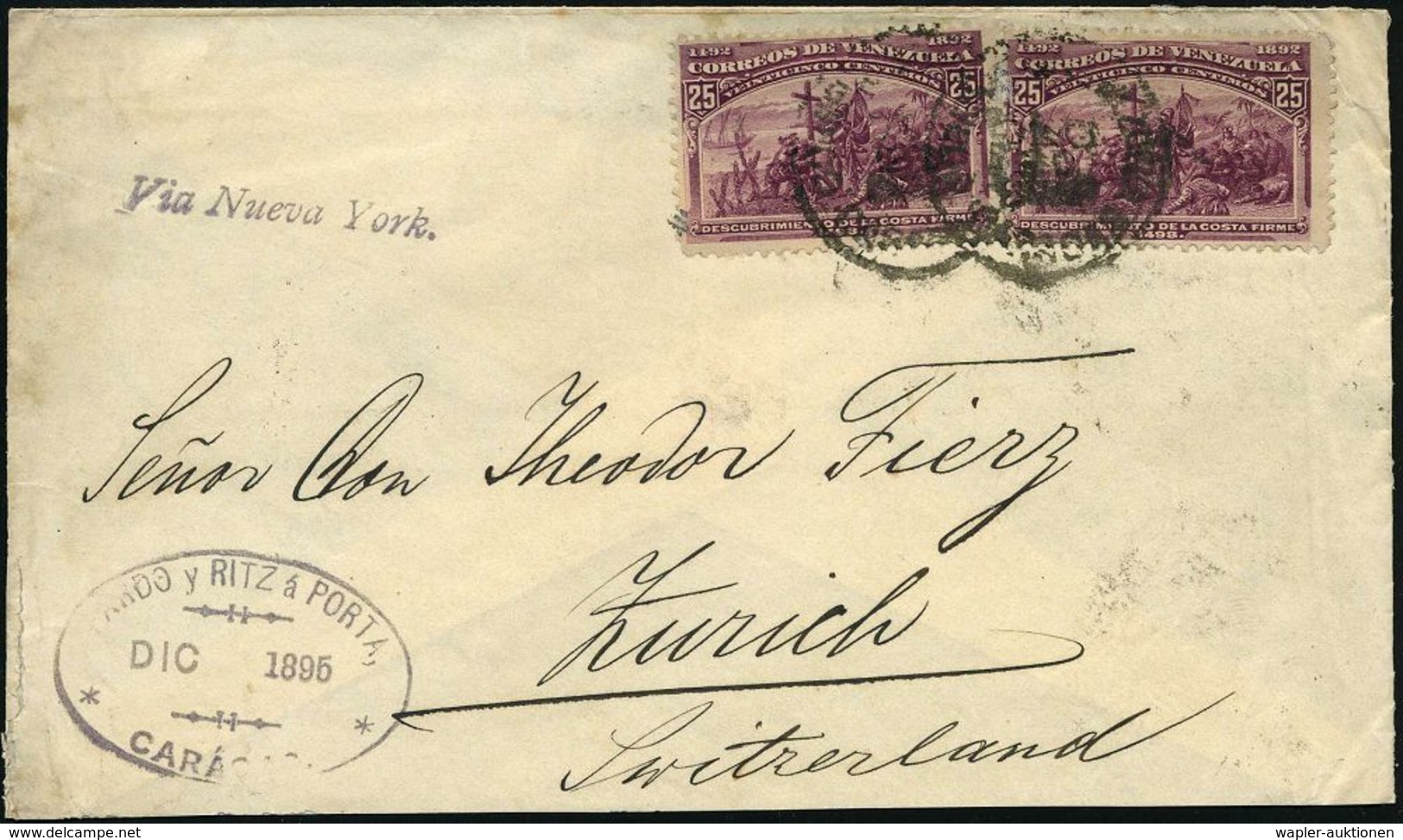 CHRISTOPH KOLUMBUS : VENEZUELA 1895 (Dez.) 25 C. "400. Jahrestag Columbus-Landung", Reine MeF: 2 Stück = Gemälde V. A. M - Christophe Colomb