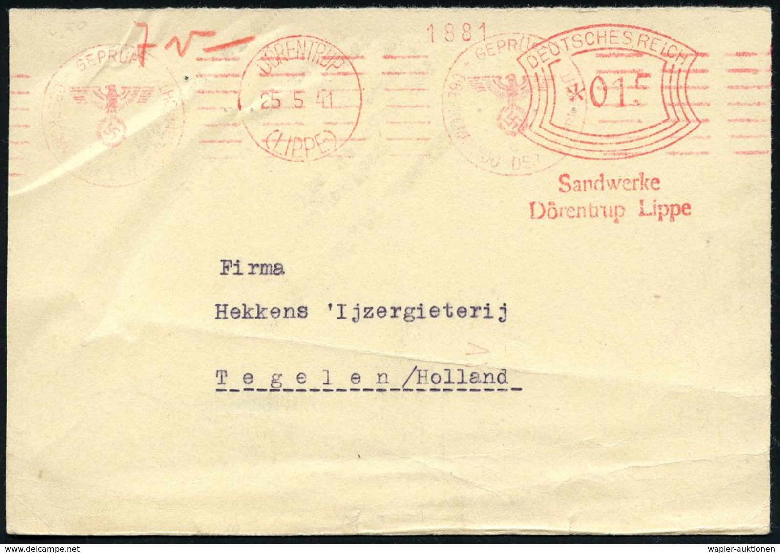 GEOLOGIE / MINERALIEN / ERZE : DÖRENTRUP/ (LIPPE)/ Sandwerke.. 1941 (25.5.) AFS 015 Pf. = Thon- U. Sandwerke + Roter Ban - Altri & Non Classificati
