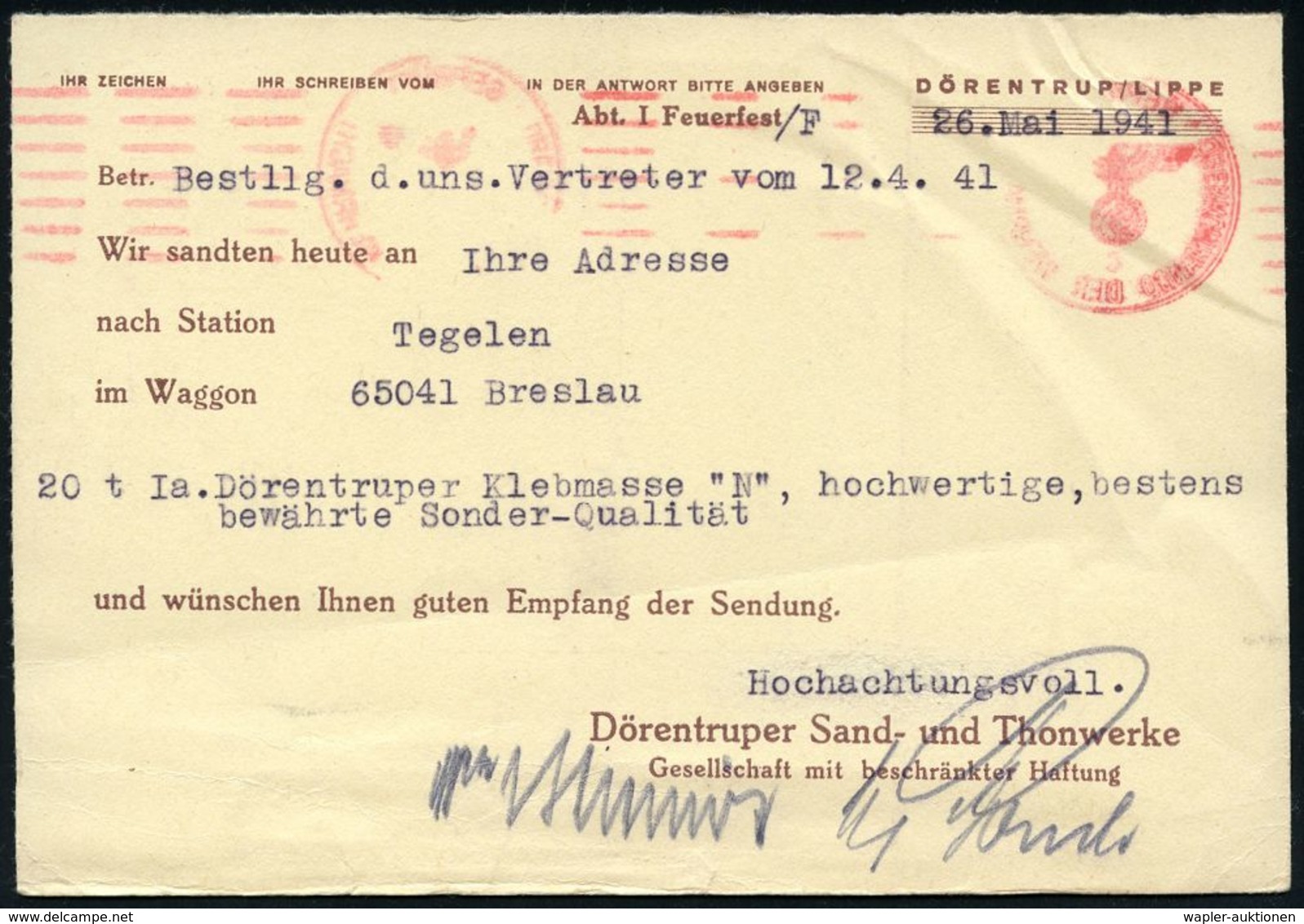 GEOLOGIE / MINERALIEN / ERZE : DÖRENTRUP/ (LIPPE)/ Sandwerke.. 1941 (25.5.) AFS 015 Pf. = Thon- U. Sandwerke + Roter Ban - Sonstige & Ohne Zuordnung