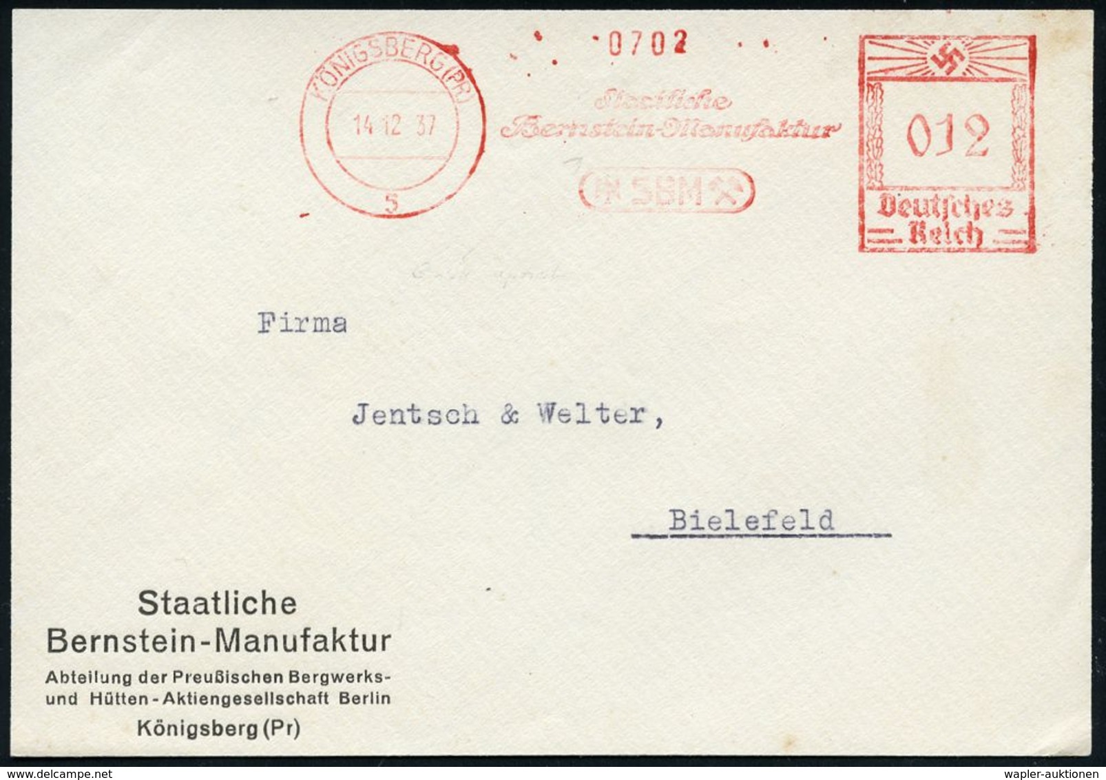 GEOLOGIE / MINERALIEN / ERZE : KÖNIGSBERG (PR)/ 5/ Staatliche/ Bernstein-Manufaktur 1937 (14.12.) Seltener AFS Auf Bedar - Autres & Non Classés