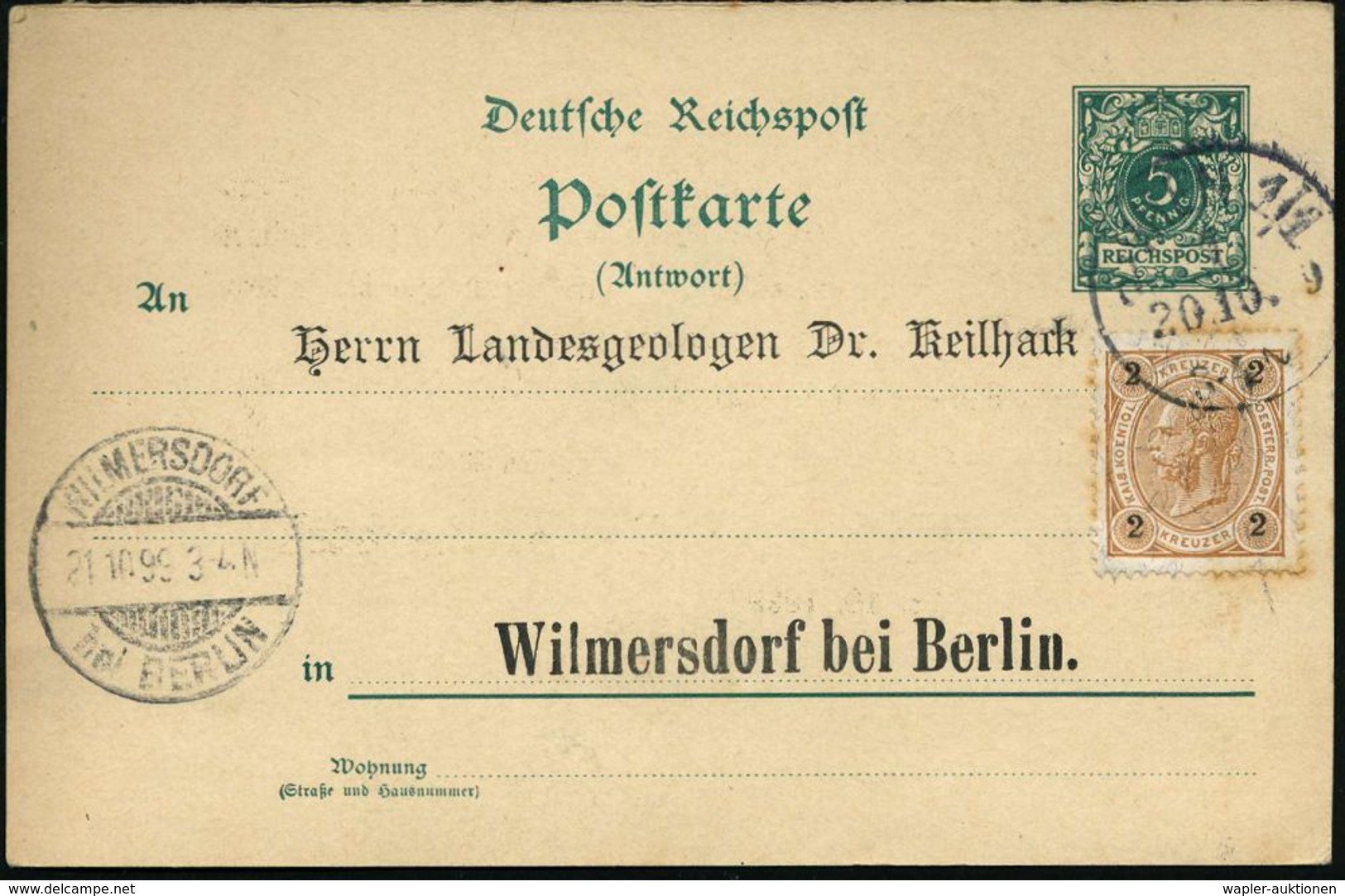 GEOLOGIE / MINERALIEN / ERZE : ÖSTERREICH /  DEUTSCHES REICH 1899 (Okt.) Amtl. P 5 Pf. Krone, Grün "Antwort" + Vs./rs. Z - Autres & Non Classés