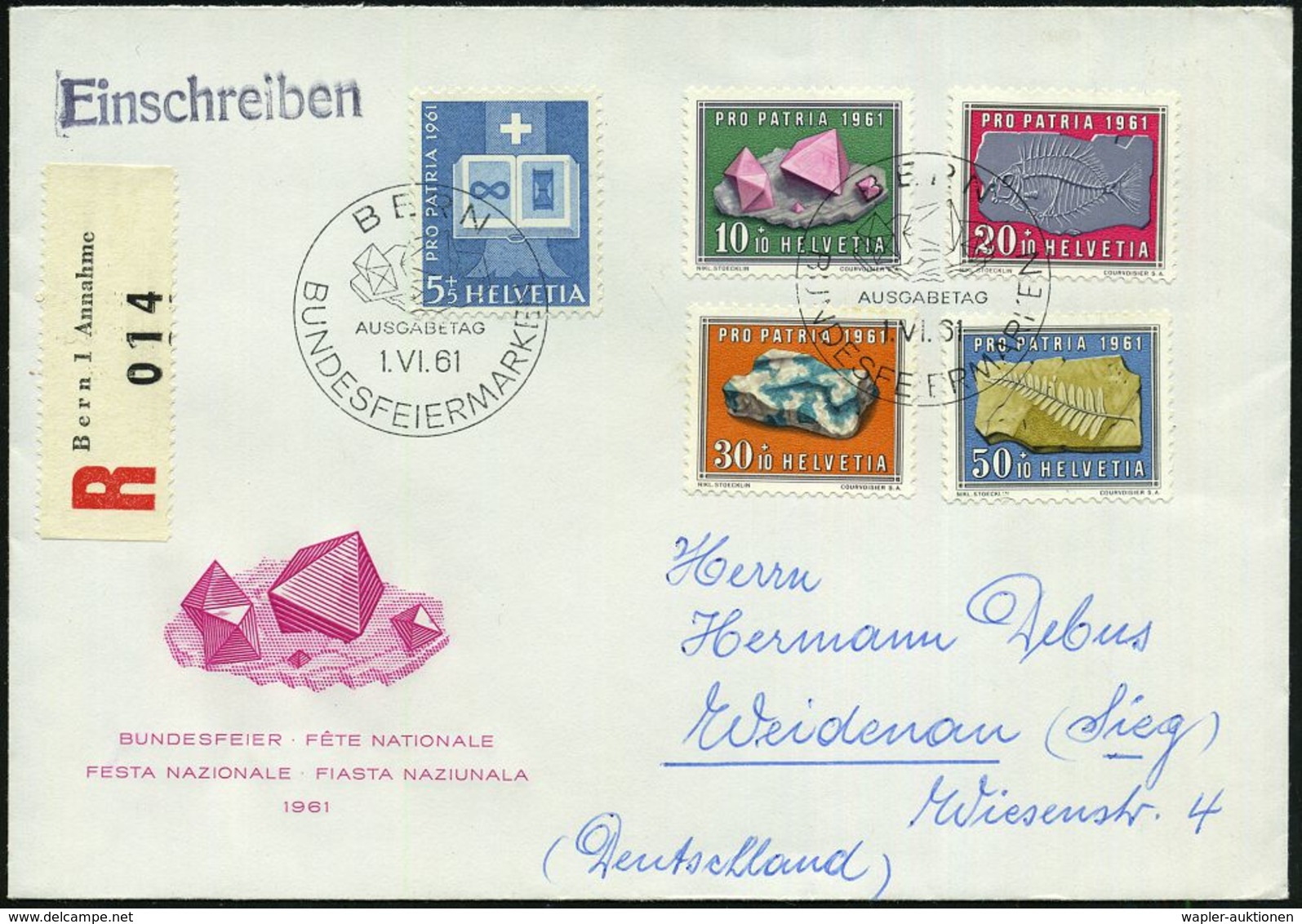 GEOLOGIE / MINERALIEN / ERZE : SCHWEIZ 1961 (1.6.) Mineralien U.Versteinerungen, Kompl. Satz "Pro Patria" + RZ: Bern 1.. - Sonstige & Ohne Zuordnung