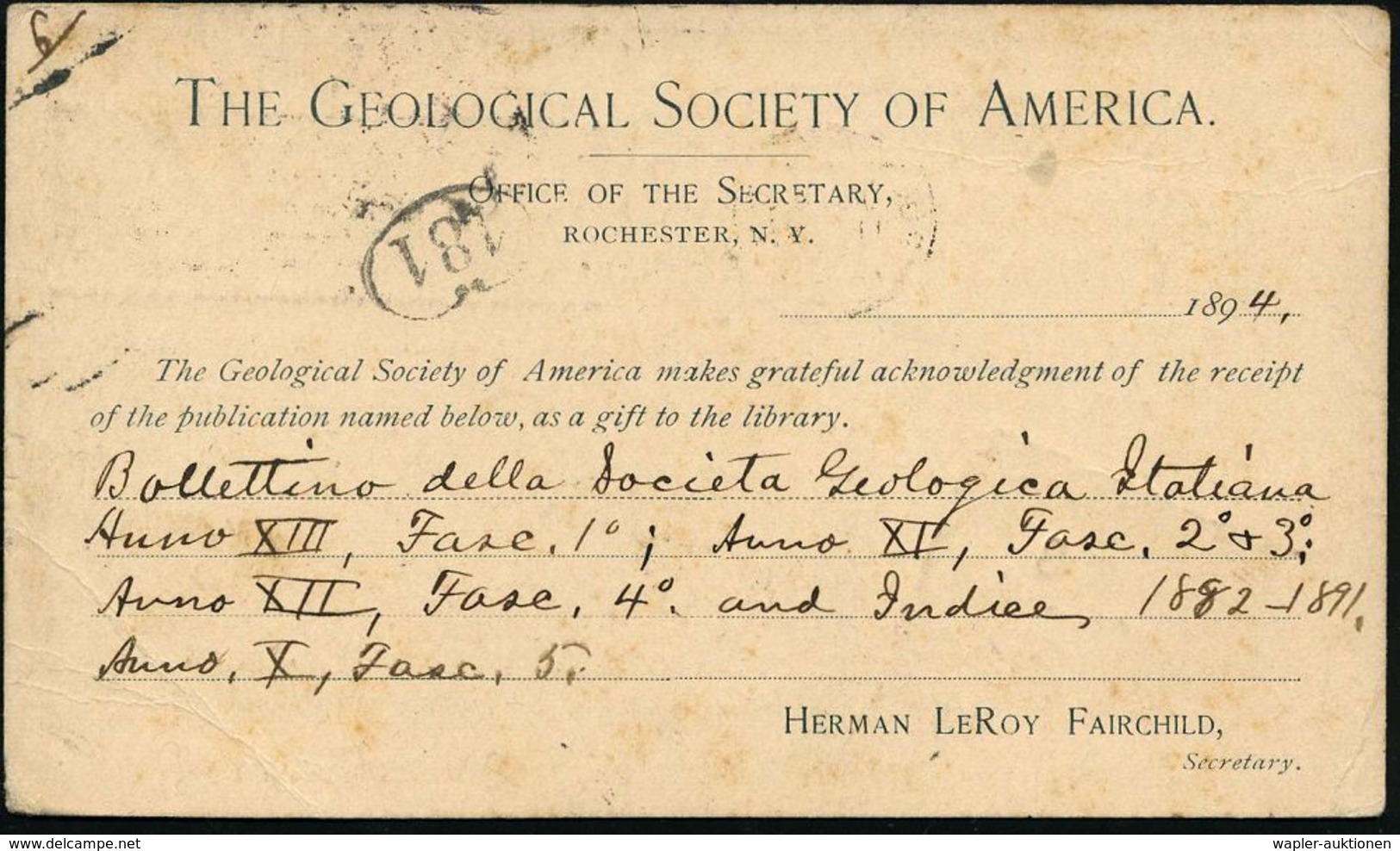 GEOLOGIE / MINERALIEN / ERZE : U.S.A. 1894 (18.12.) Amtl. Ausl.-P. 2 C. Liberty, Blau + Rs. Zudruck: THE GEOLOGICAL SOCI - Other & Unclassified