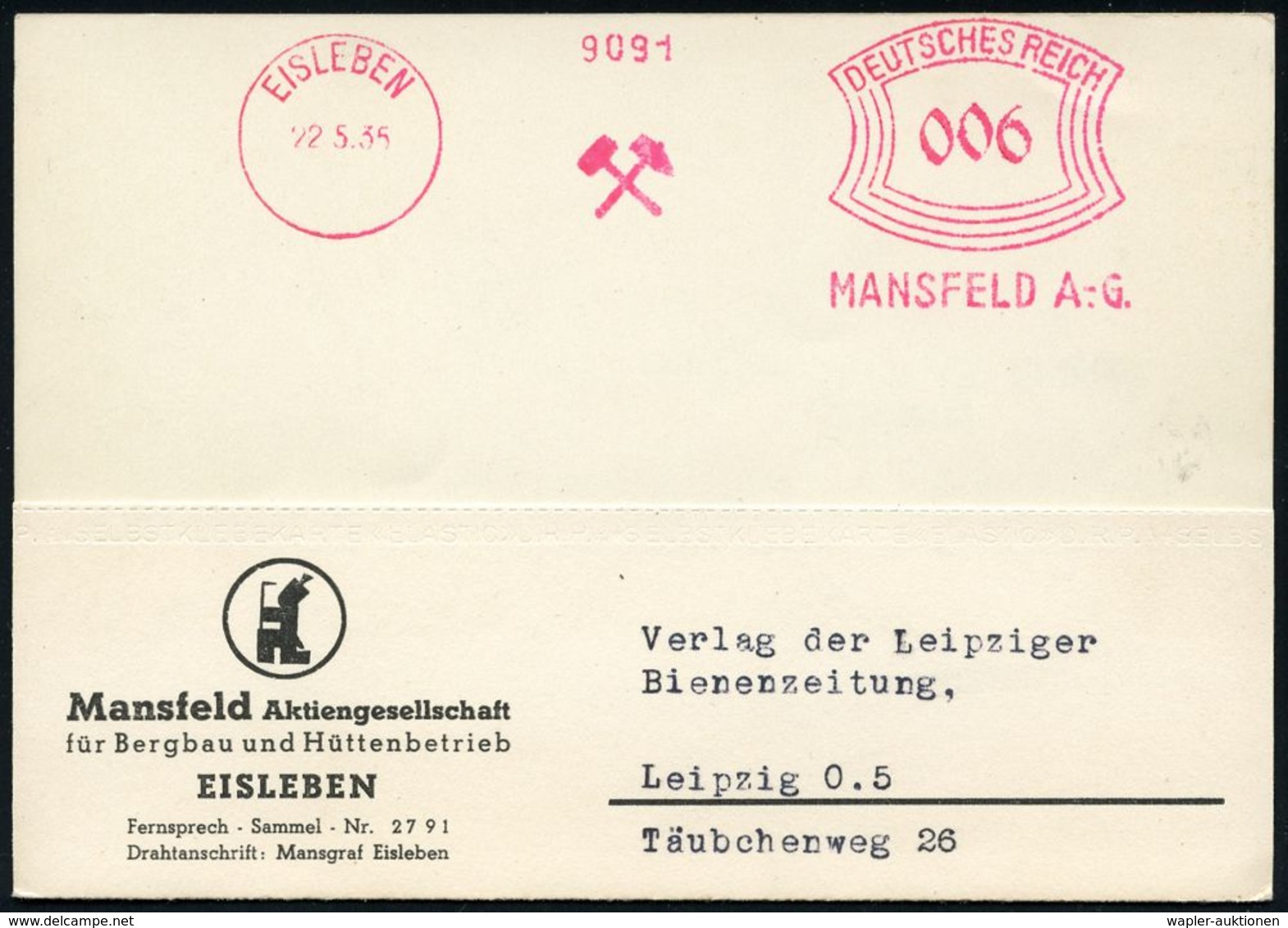 BERGBAU / AUSRÜSTUNG / GERÄTE / UNIFORMEN : EISLEBEN/ MANSFELD A:-G. 1935 (22.5.) AFS = Bergbauhämmer Auf Firmen-Kt.: Ma - Sonstige & Ohne Zuordnung