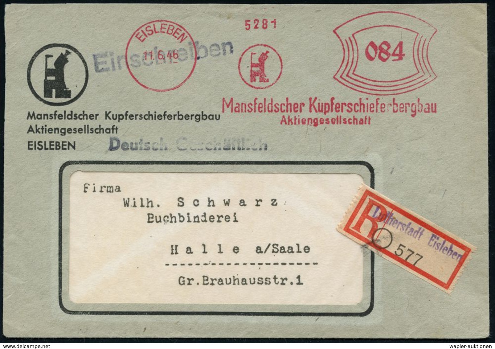 BERGBAU / AUSRÜSTUNG / GERÄTE / UNIFORMEN : EISLEBEN/ Mansfelder Kupferschieferbergbau/ AG. 1946 (11.6.) Aptierter AFS F - Altri & Non Classificati