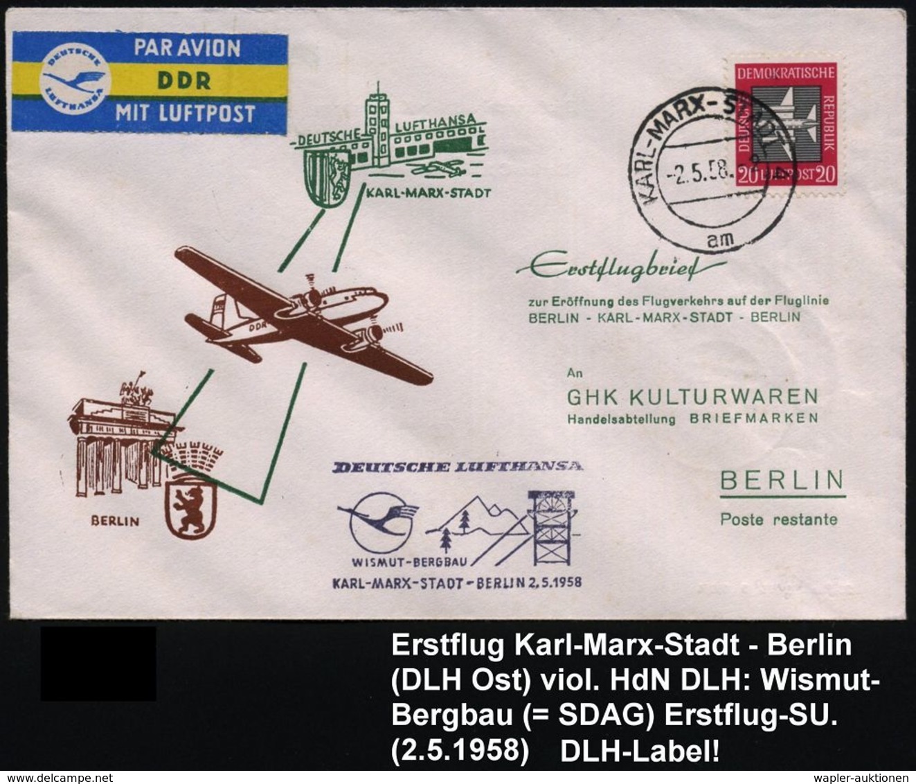 BERGBAU / AUSRÜSTUNG / GERÄTE / UNIFORMEN : KARL-MARX-STADT 4/ Am 1958 (2.5.) 2K-Steg + HdN: DLH/ W I S M U T - BERGBAU. - Sonstige & Ohne Zuordnung