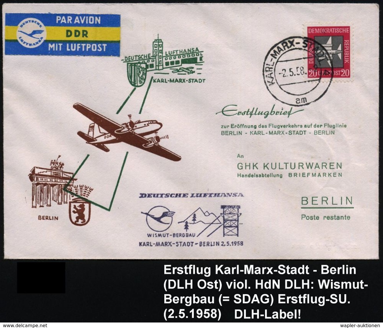 BERGBAU / AUSRÜSTUNG / GERÄTE / UNIFORMEN : KARL-MARX-STADT 4/ Am 1958 (2.5.) 2K-Steg + HdN: DLH/ W I S M U T - BERGBAU. - Autres & Non Classés