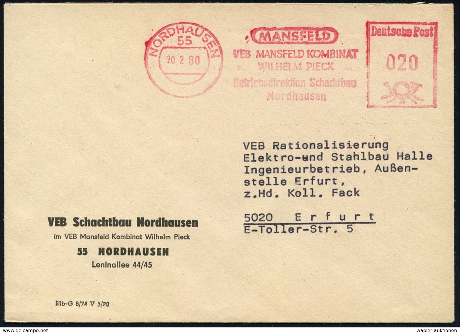 BERGBAU / AUSRÜSTUNG / GERÄTE / UNIFORMEN : 55 NORHAUSEN/ ..VEB MANSFELD KOMBINAT/ WILHELM PIECK/ Betriebsdirektion Scha - Sonstige & Ohne Zuordnung