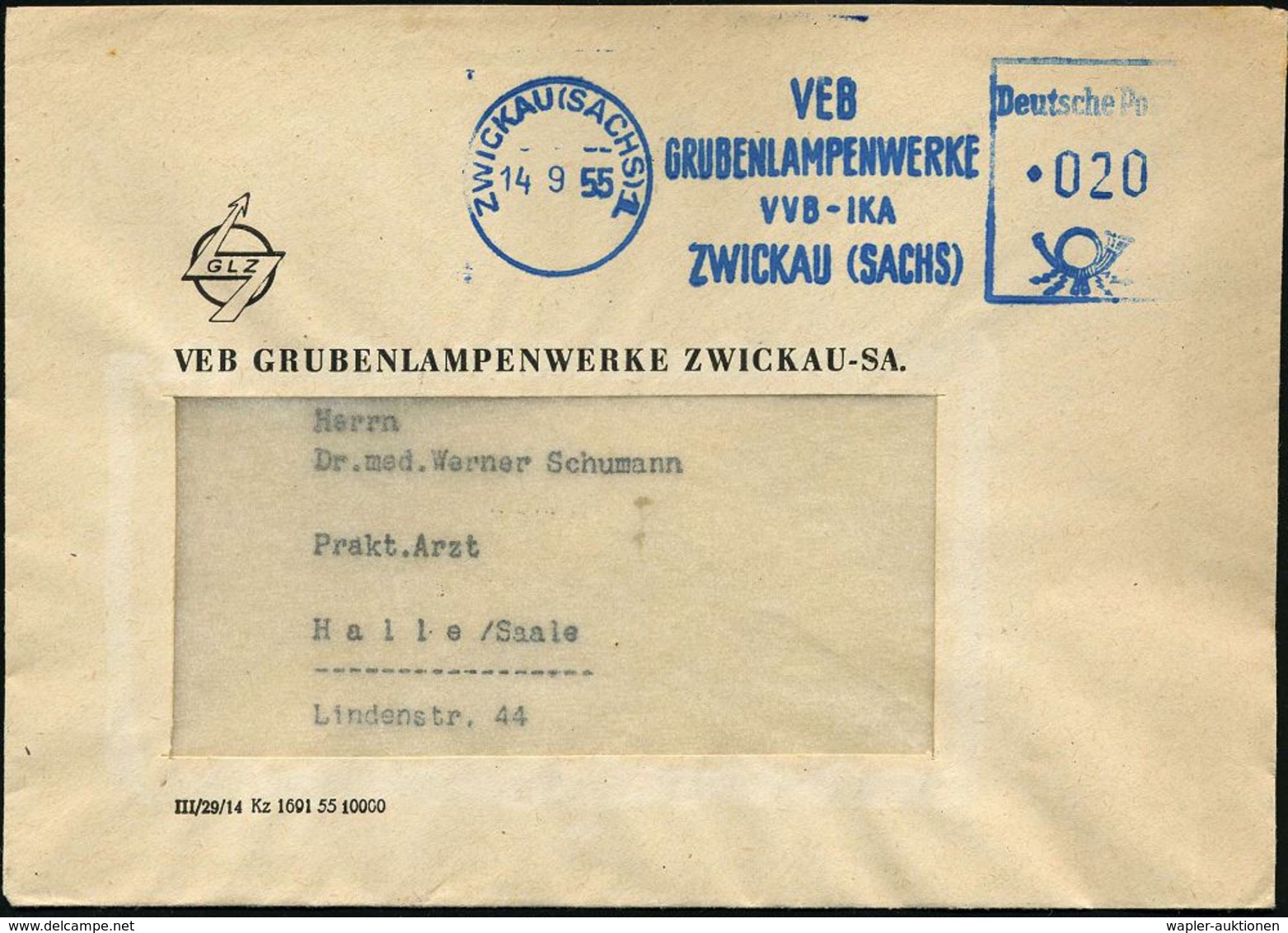 BERGBAU / AUSRÜSTUNG / GERÄTE / UNIFORMEN : ZWICKAU (SACHS) 1/ VEB/ GRUBENLAMPENWERKE/ VVB-IKA.. 1955 (14.9.) Blauer AFS - Autres & Non Classés