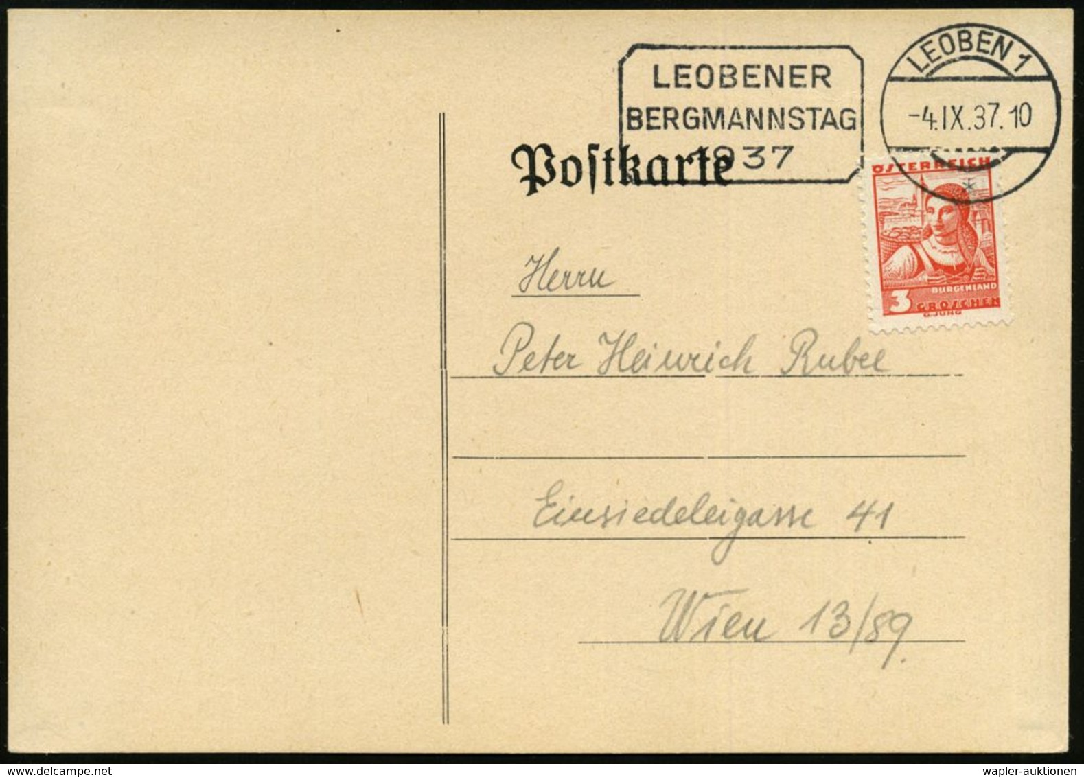 BERGBAU / AUSRÜSTUNG / GERÄTE / UNIFORMEN : ÖSTERREICH 1937 (4.9.) Seltener MWSt.: LEOBEN 1/*/LEOBENER/BERGMANNSTAG , Kl - Altri & Non Classificati