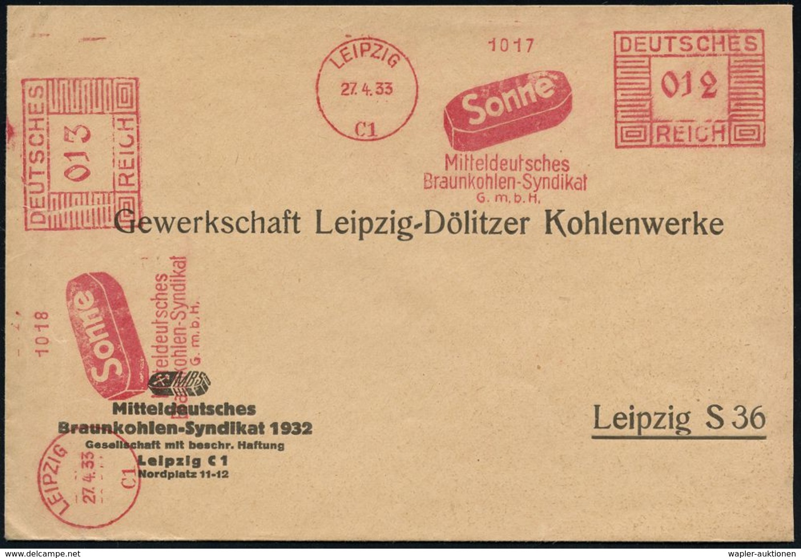 KOHLE / STEIN- & BRAUNKOHLE / KOKS : LEIPZIG/ C1/ Sonne/ Mitteldeutsches/ Braunkohlen-Syndikat/ GmbH 1933 (27.4.) AFS 01 - Autres & Non Classés